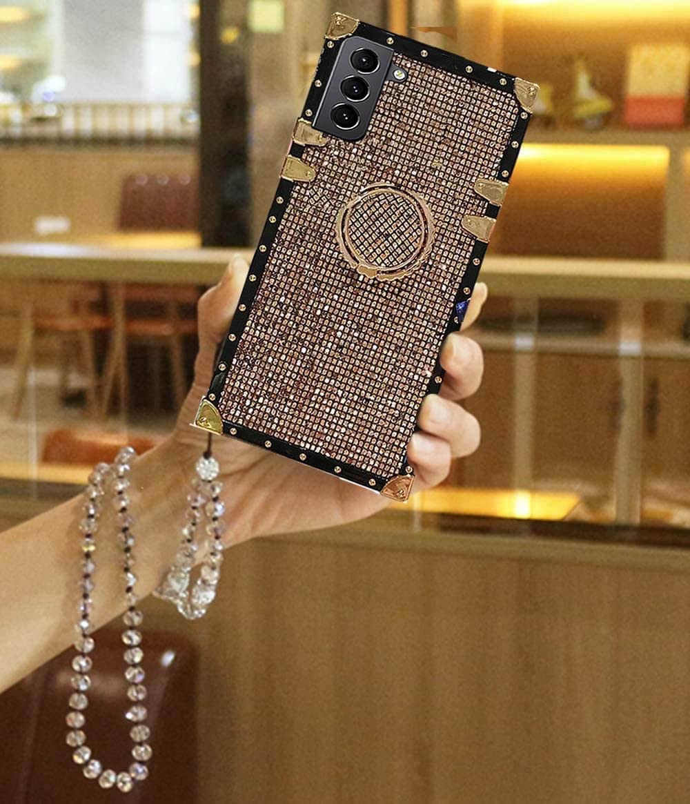 for Samsung A14 4G/5G case,Babemall Luxury Stylish Retro Bling Glitter Design Crystal Strap Chain Heavy Duty Shockproof Hybrid Full Body Case with Holder (Gold)