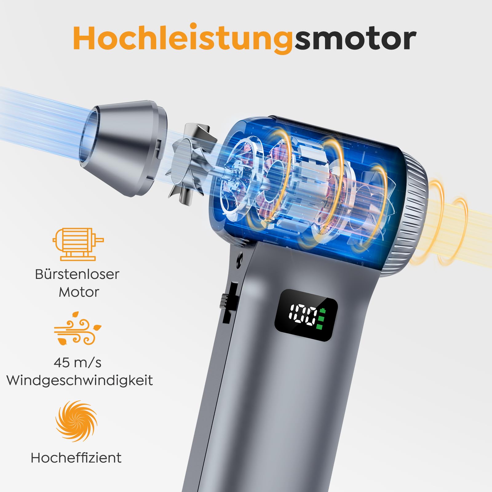 Elektrisches Staubgebläse 230000 U/min Akku 10500 mAh 100-stufig einstellbar LED-Licht