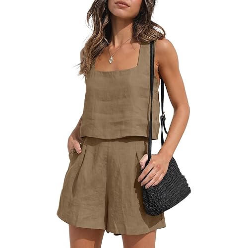 AUTOMET Womens 2 Piece Outfits Lounge Matching Sets Two Piece Linen Shorts Crop Tops 2023 Trendy Clothes Summer Vacation Set
