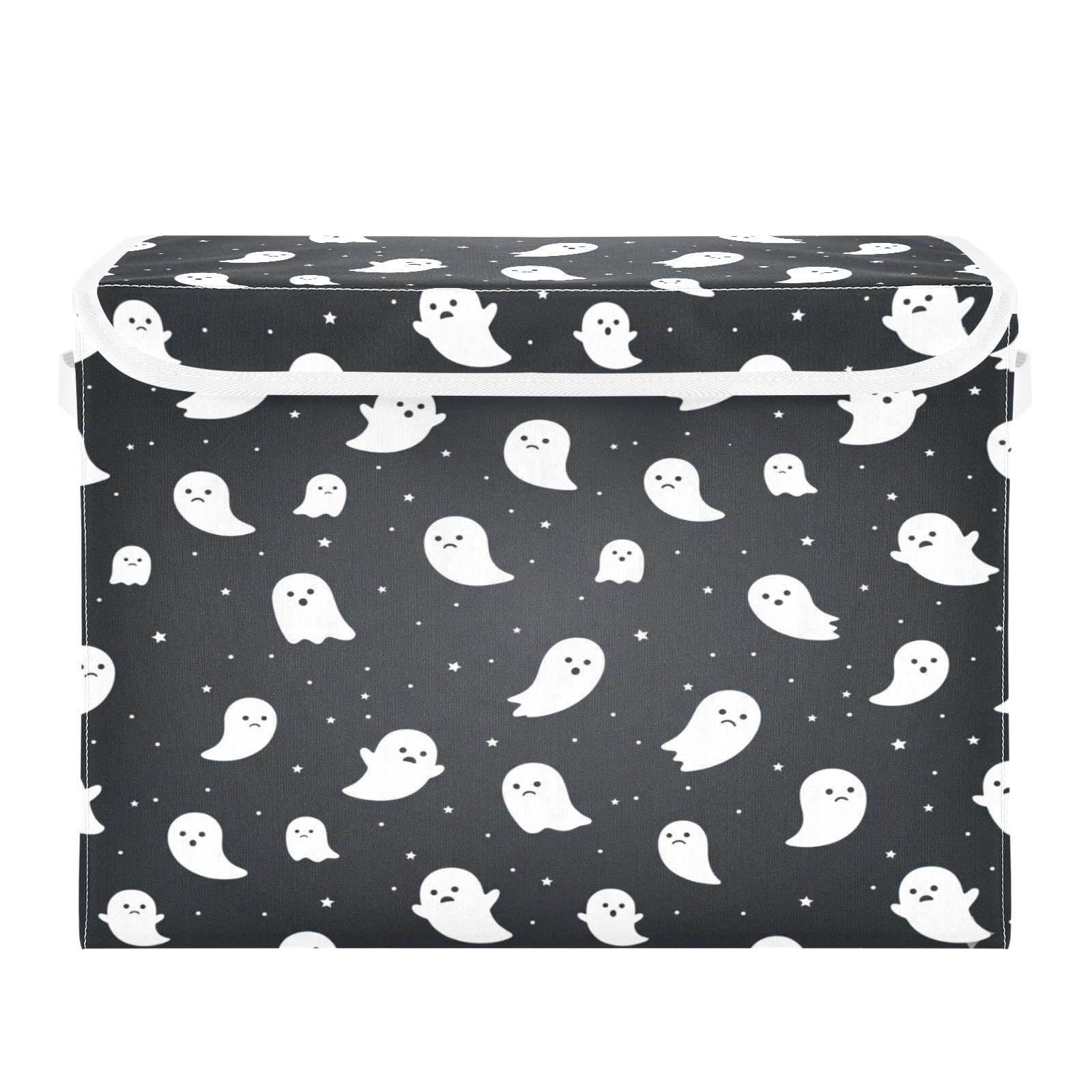 Ewusp Halloween Boo Fabric Storage Bin with Lid, Decorative Foldable Storage Basket with Handles, Stackable Closet Shelf Organiser Box for Clothes, Books, Bedroom, Living Room