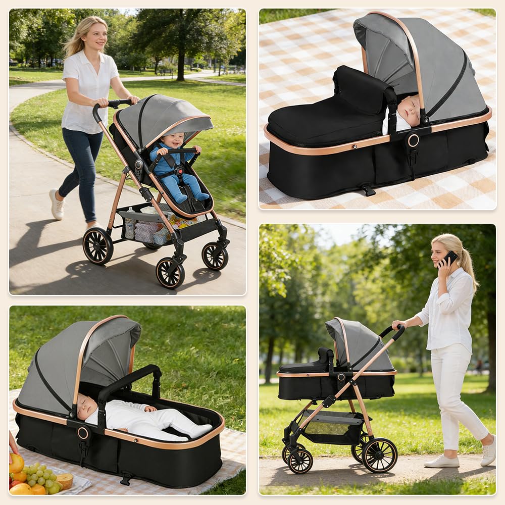 OHMG Poussette 3 en 1 avec Nacelle, Poussette de Voyage's Nacelle est Pliable, Trio Poignée est Réglable, les Roues sont en Matériau PU, pour Enfant de la Naissance à 3 Ans (Gris)