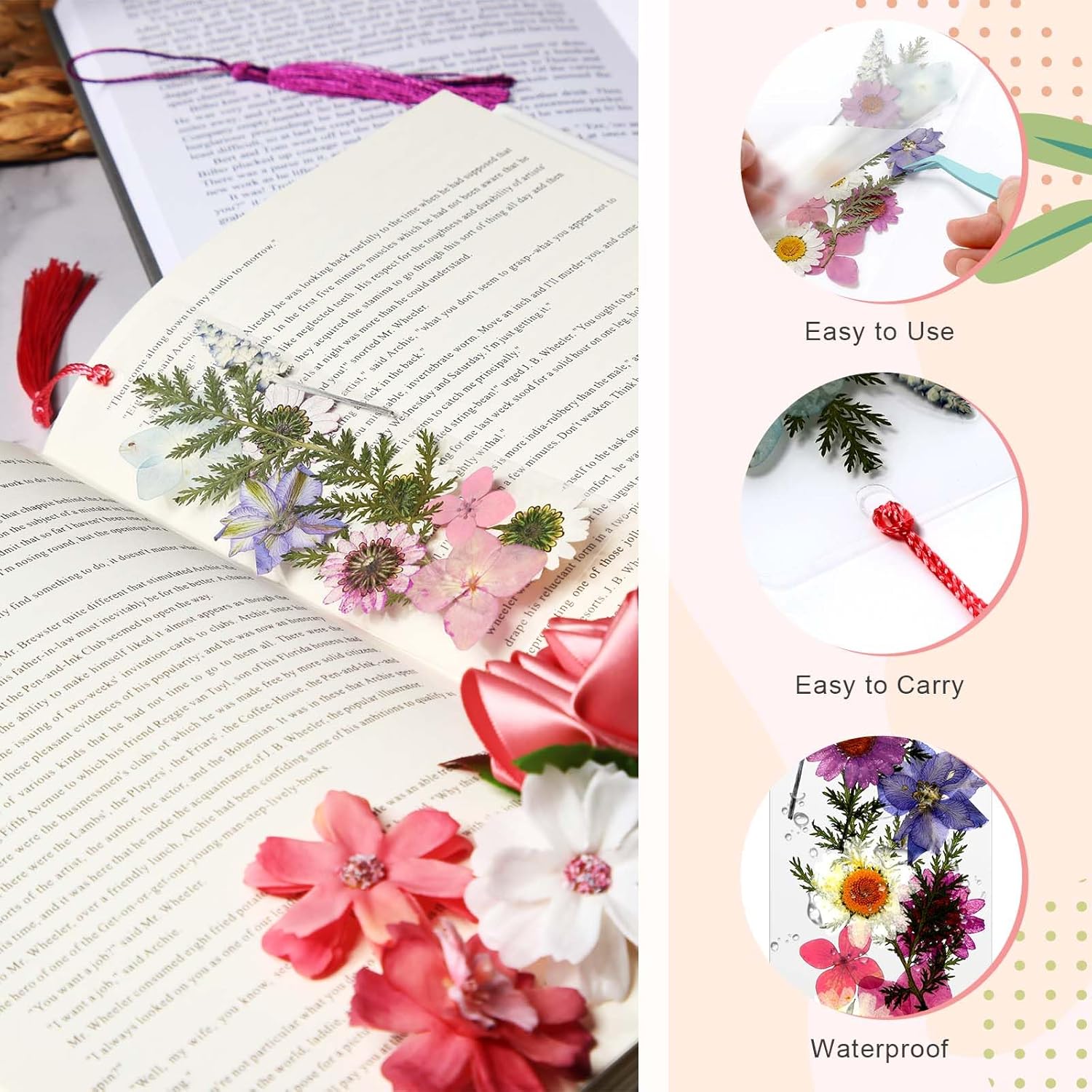 AmazingSpark 222 Pcs Dried Flower Bookmark Making Kit Include DIY Pressed Flower Colorful Tassels Ribbons and Transparent Bookmark Laminating Pouches 2 x 6 Inch(Purple)