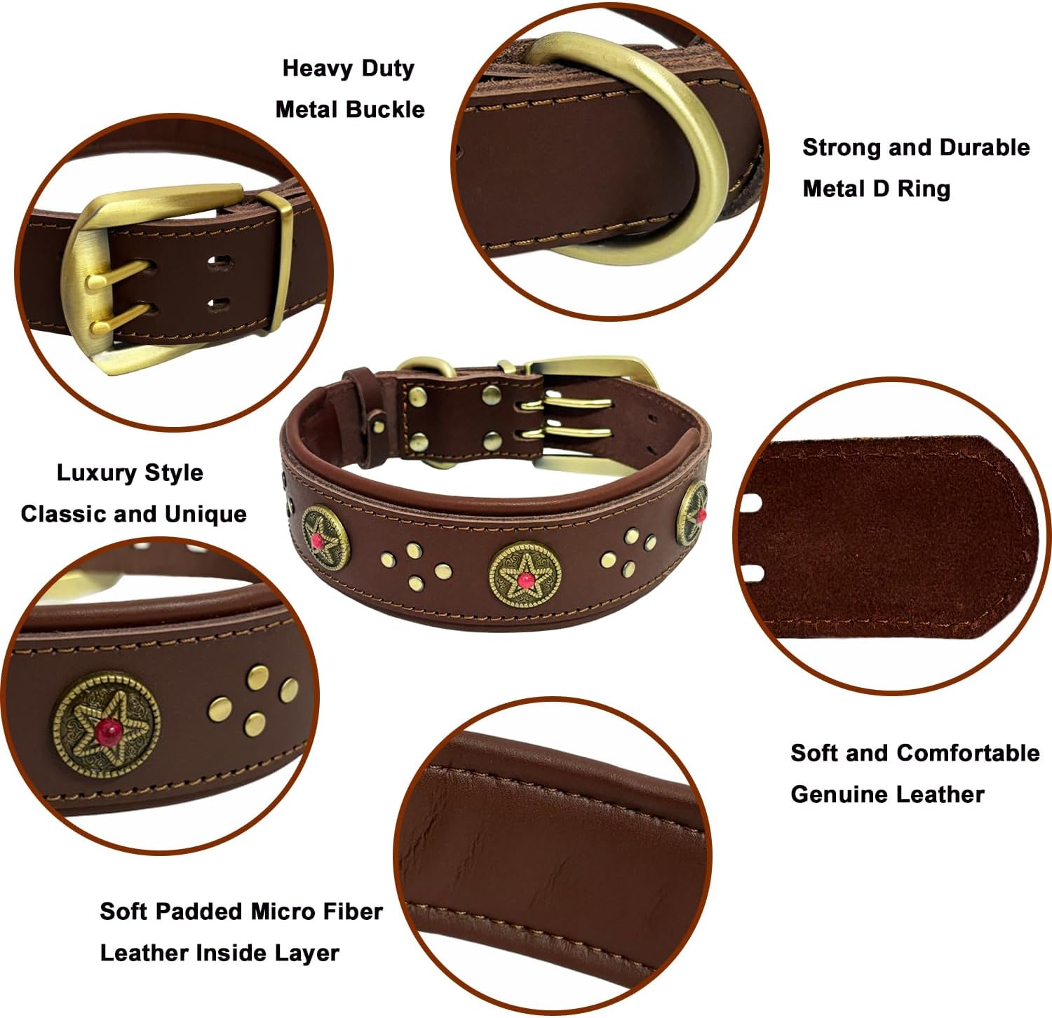 Leather Dog Collar, 2 inches Wide Heavy Duty Genuine Leather Collars,Soft Handmade and Durable Dog Collars for Medium, Large and Giant Dogs Brown