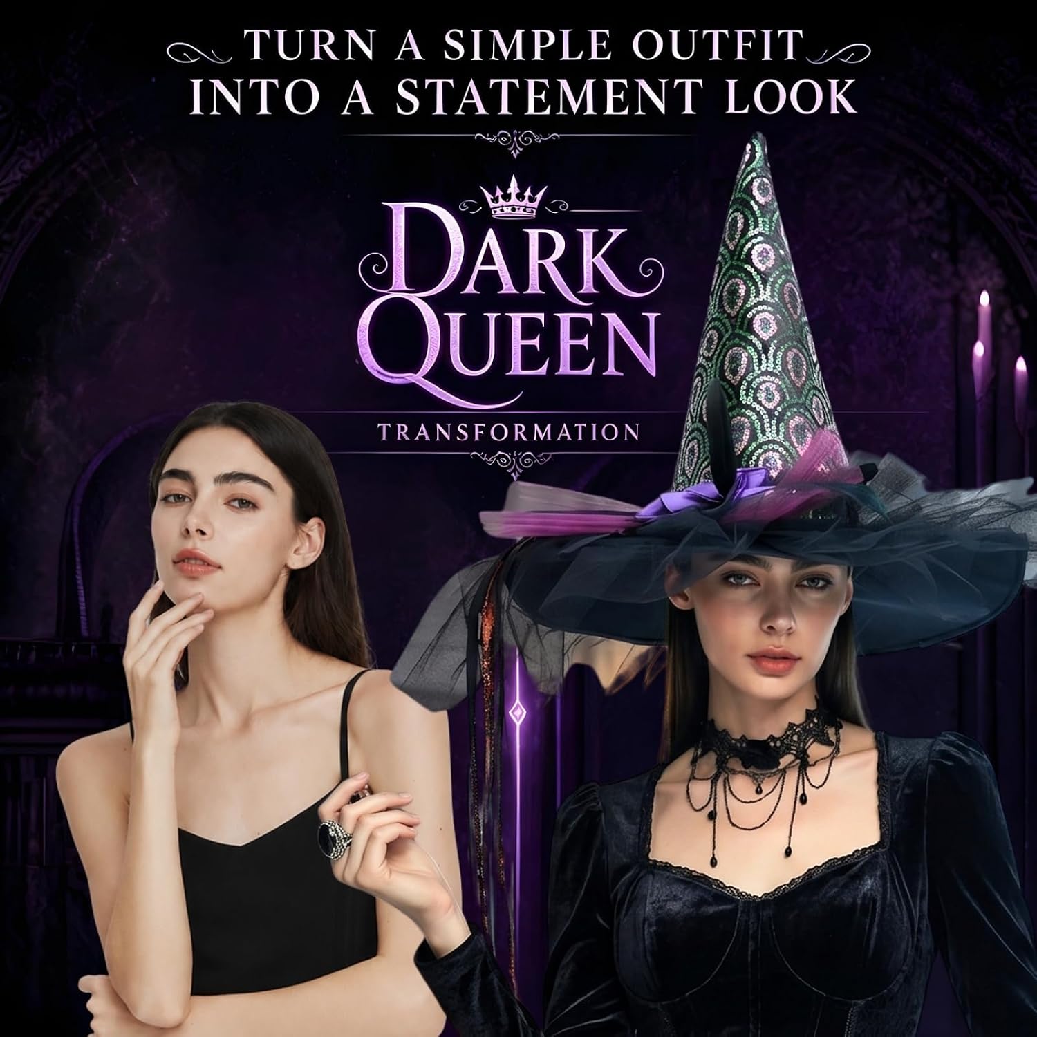 Deluxe Witch Hat for Women with Gothic Necklace, Elegant Sequin Costume Accessory for Halloween & Cosplay