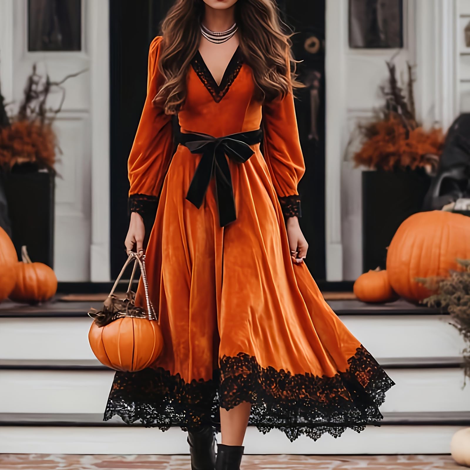 Generisch Robe d'Halloween en velours pour femme avec col en V et ourlet en dentelle