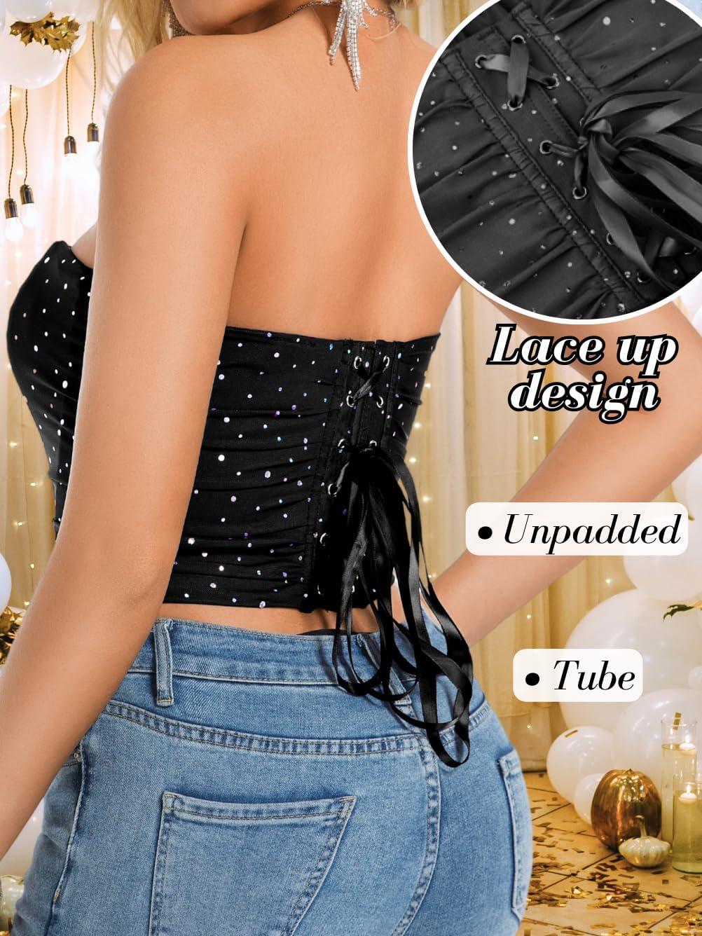 Women Sexy Lace Up Corset Top, Sparkly Rhinestone Sequin Tube Mesh Bustier Tops, Club Outfit Birthday Party Going Out - Image 3