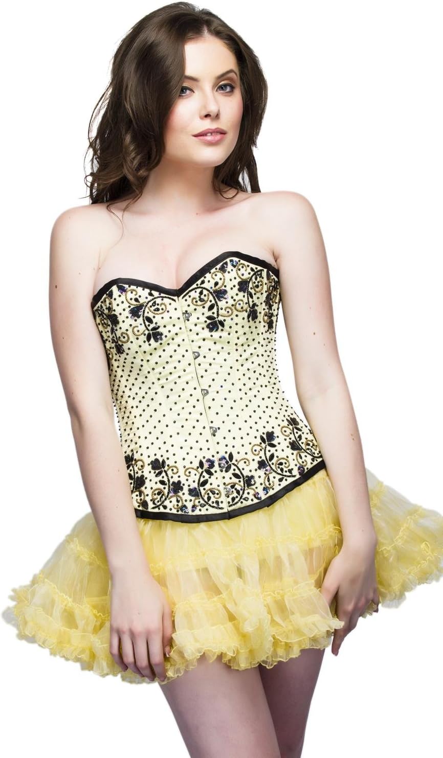 Yellow Satin Black Sequins Burlesque Costume Overbust Corset Waist Training Top