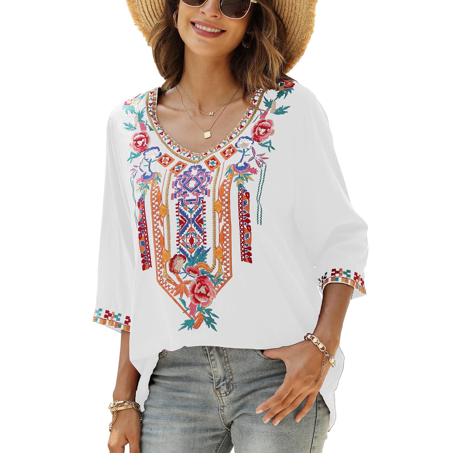 Seasonal Camiseta de Verano para Mujer, diseño de Bohemia, Bordado, Cuello en V, Cuello de Pico, 3/4 Brazo, Tops Sueltos, túnica para Mujer