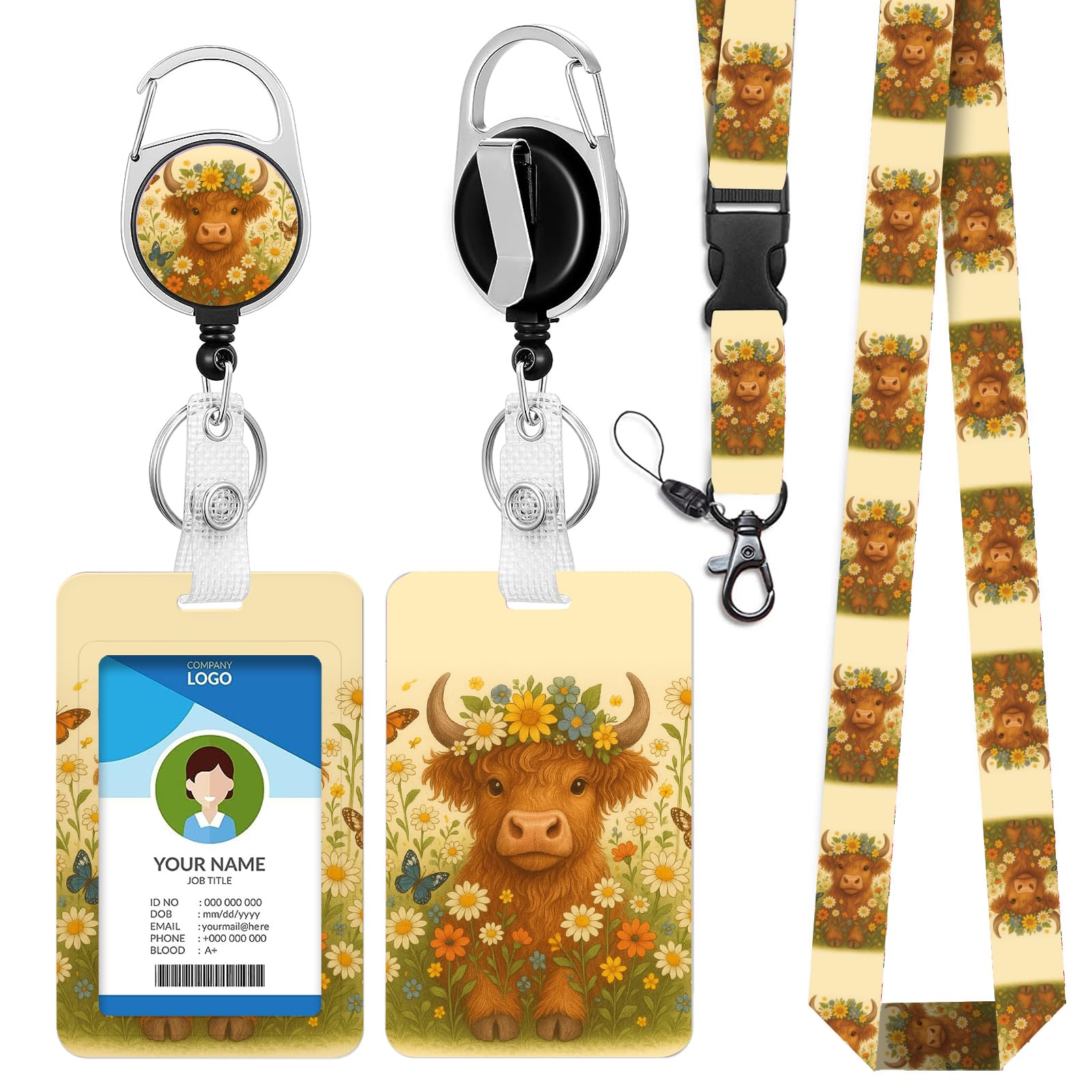 bolimoss Highland Cow Lanyards with Card Holer, Cute ID Card Name Tag Lanyard for Credit Card Keys, Adjustable Breakaway Lanyard with ID Holder Clip, Retractable Keychain Badge Reel for Teacher Nurse — image 1