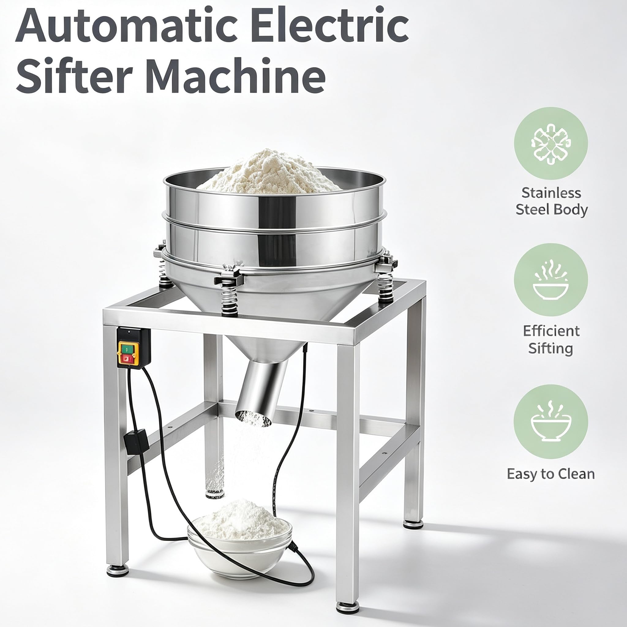 Tamizadora eléctrica de 500 mm de Grado alimentario, tamiz vibratorio automático de 70 W para harina, Herramienta de Cocina con Malla múltiple de Acero Inoxidable 304 para repostería. 150mesh