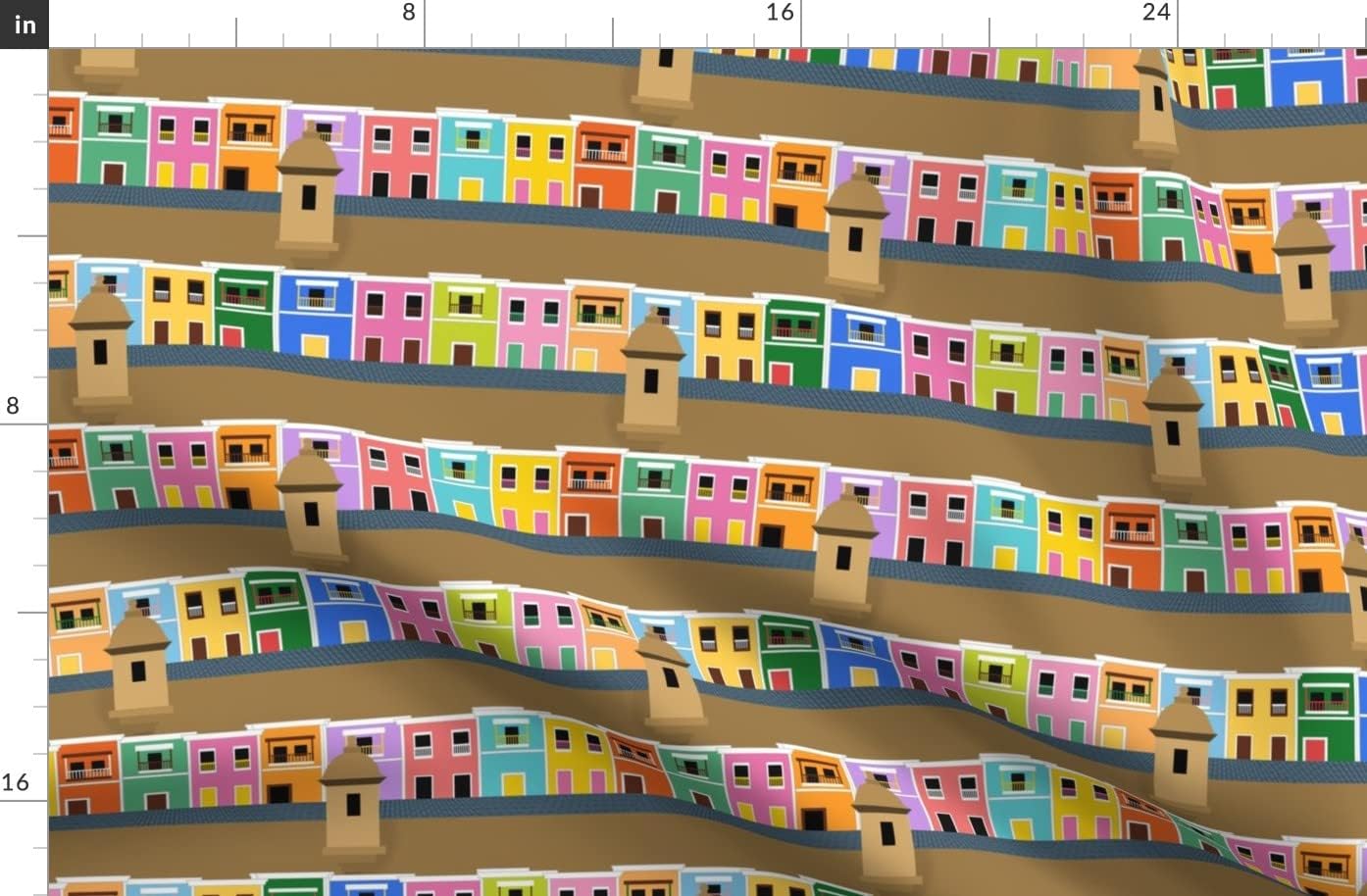 Spoonflower Fabric - Old Colorful Tropical Island Historical Architecture History Printed on Organic Cotton Sateen Fabric by The Yard - Sewing Quilting Apparel Home Decor