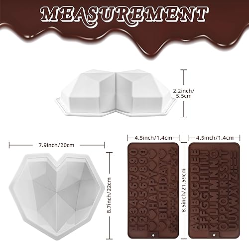 Miniatura 4 de Juego de 55 moldes de silicona con forma de corazón de diamante, molde de chocolate con letras y números, con martillos de madera, cinta blanca,