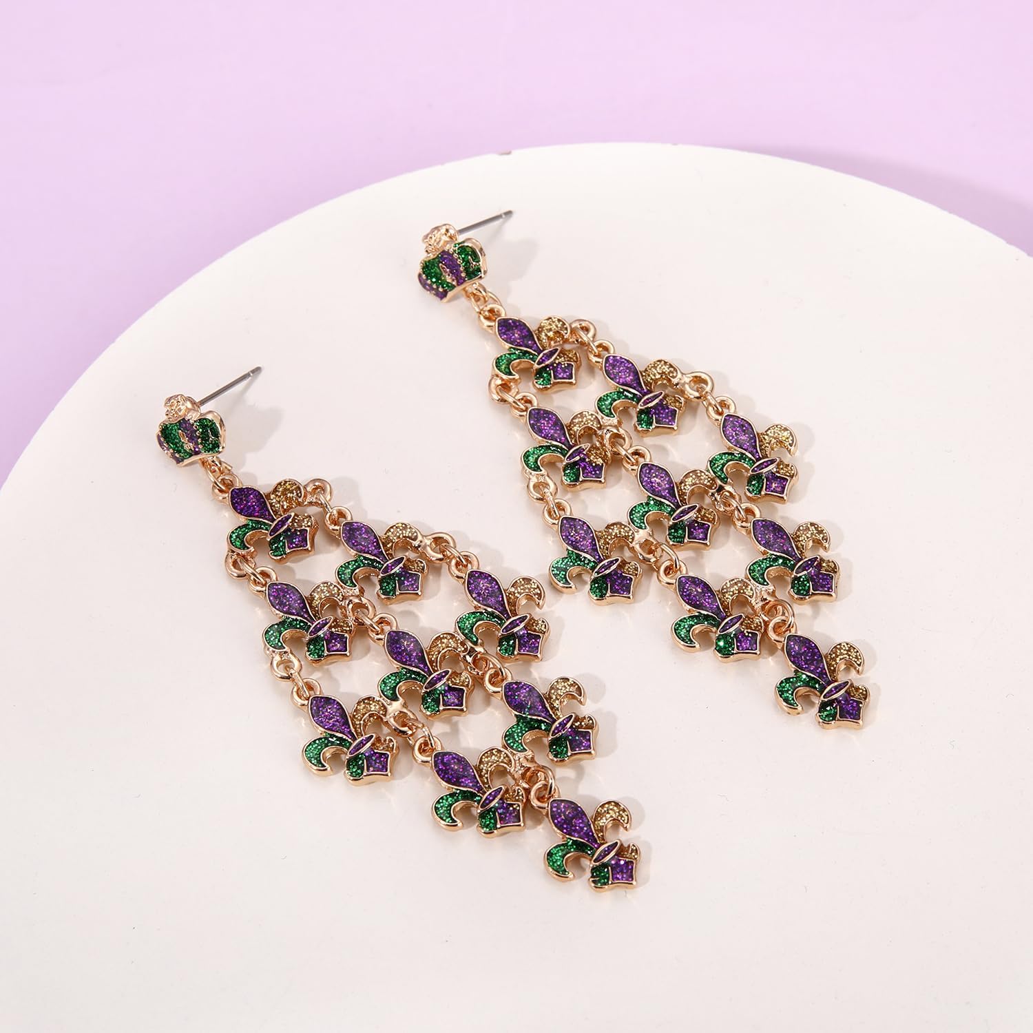 BVGA Mardi Gras Earrings for Women Multi Layers Glitter Mask Fleur De Lis Crown Drop Dangle Earrings Mardi Gras Jewelry Accessories for Fat Tuesday Celebration Carnival Parade Party - Image 5