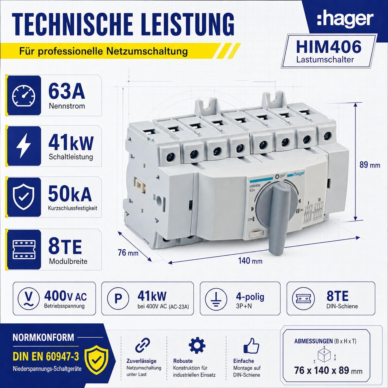 HAGER HIM406 Lastumschalter 63A 4-polig 3P+N für Hutschiene 35mm, Umschalter mit Sicherheitstrennung I-0-II, Lasttrennschalter 400V AC 41kW nach DIN EN 60947-3, 8TE Modulgerät