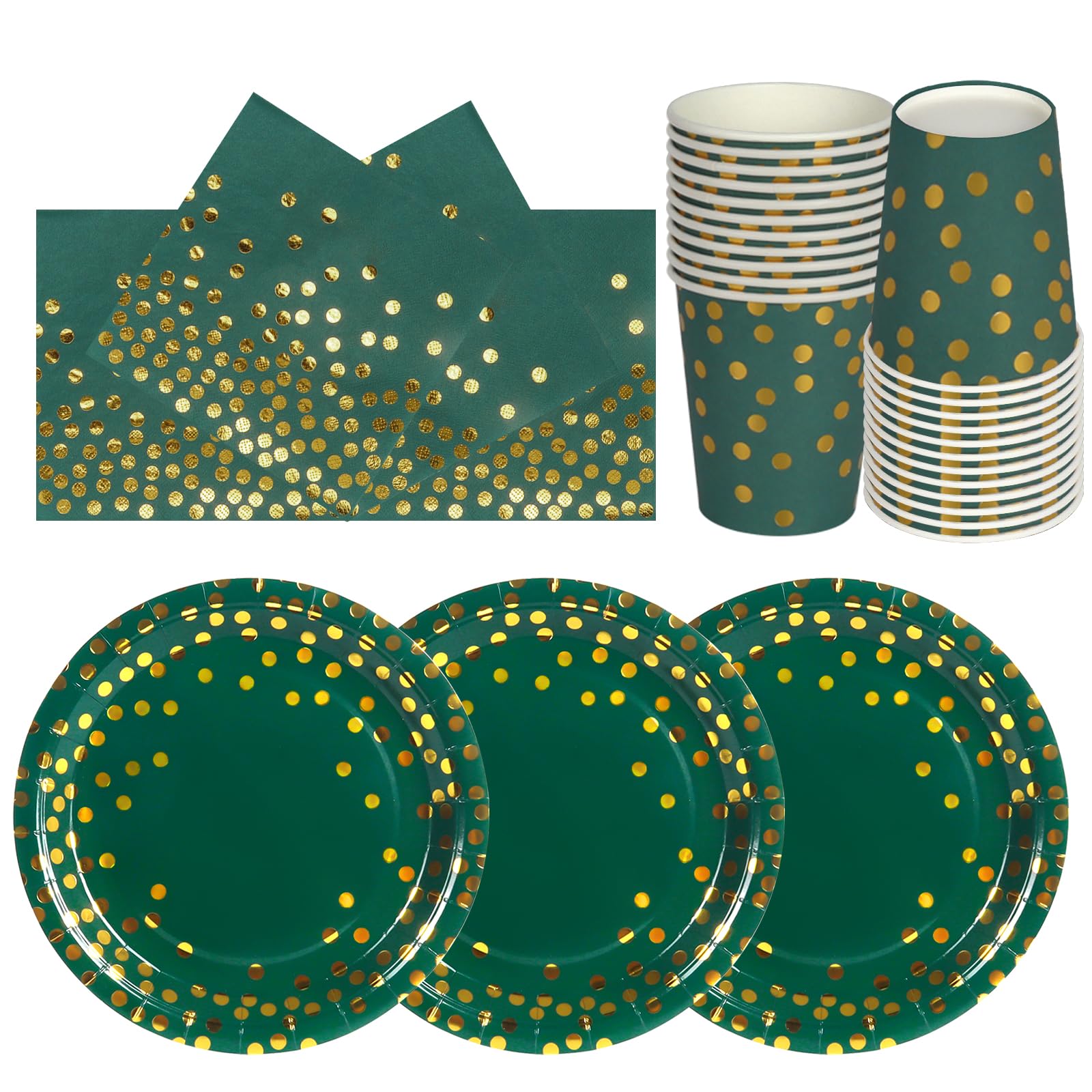 PYAILI 72PCS Dark Green Gold Party Tableware Set, Paper Plates Cups and Napkins, Party Supplies for Birthday, Wedding, Picnic, Restaurant, Table Decorations (24 Guests)