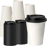 Vista 18 de RACETOP Tazas de café de papel de 12 onzas, paquete de 100 tazas de café desechables negras con tapas, tazas de papel caliente con tapas, taza