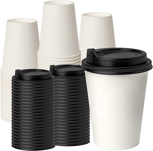 RACETOP [Paquete de 100] Tazas de café desechables con tapas de 12 onzas, tazas de papel caliente con tapas, taza para llevar con tapa
