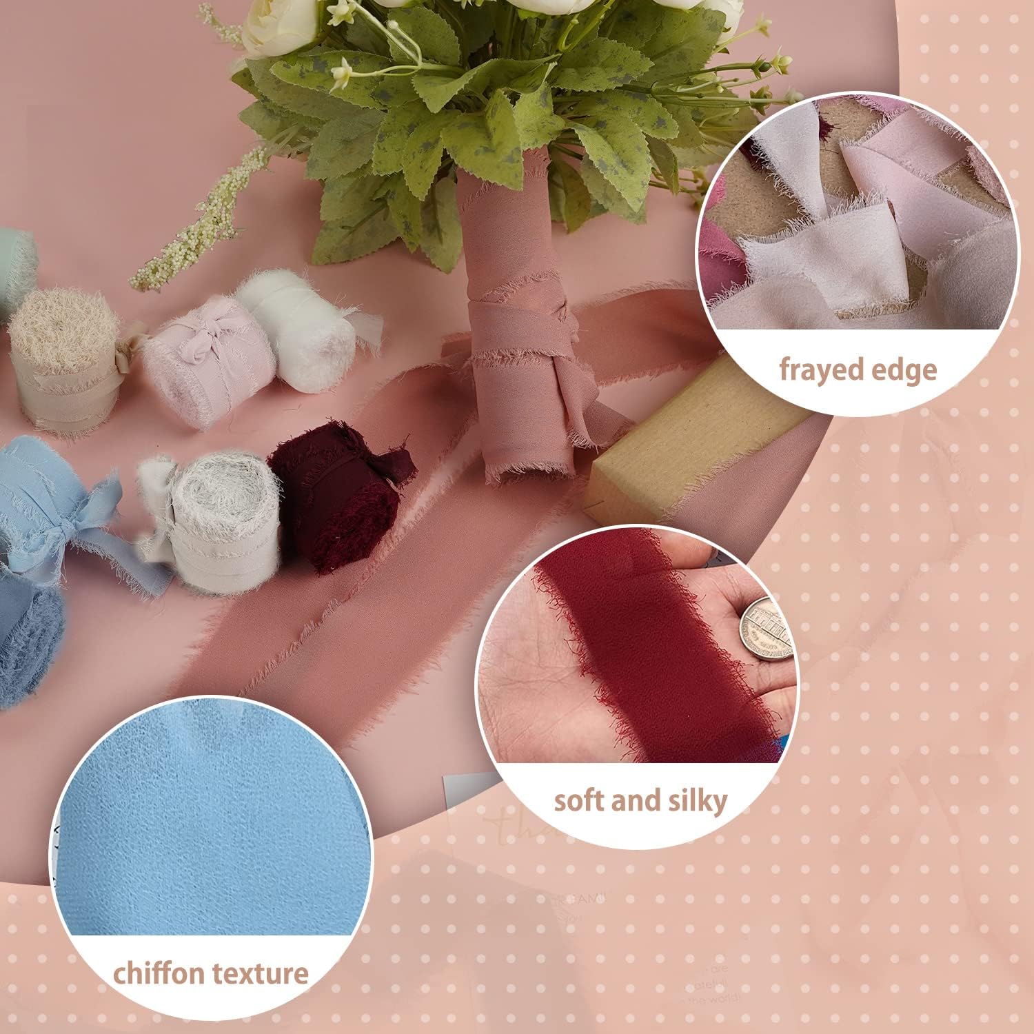 Silk Ribbon 9 Rolls - Boho Chiffon Fringe Ribbon 1.5 Inch x 3 Yard for Wedding Invitations & DIY Crafts