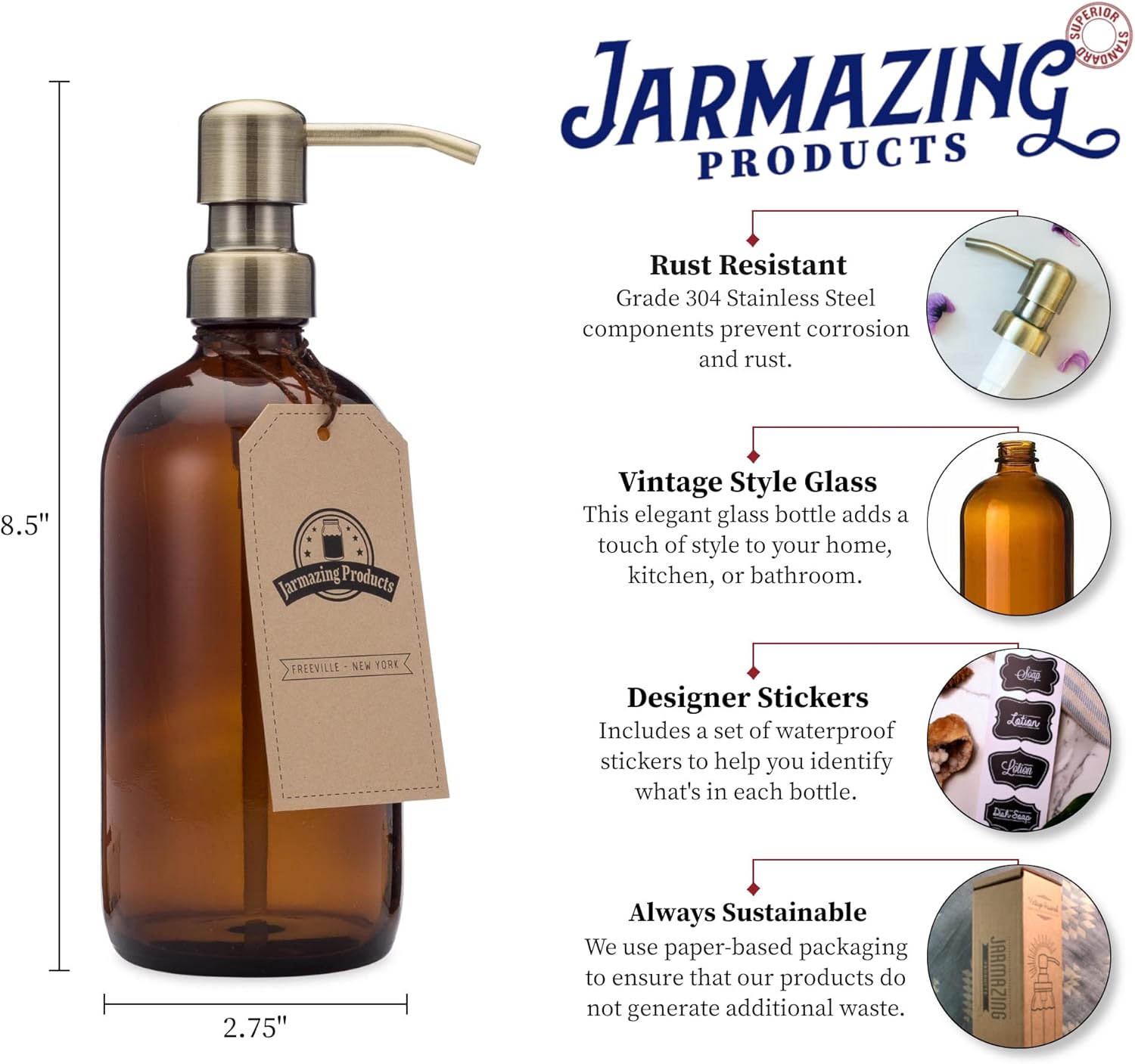 Jarmazing Products Amber Glass Jar Soap and Lotion Dispenser with Brass Pump - 16 oz, Amber/Brass 16oz, Pack of 1 - Image 3