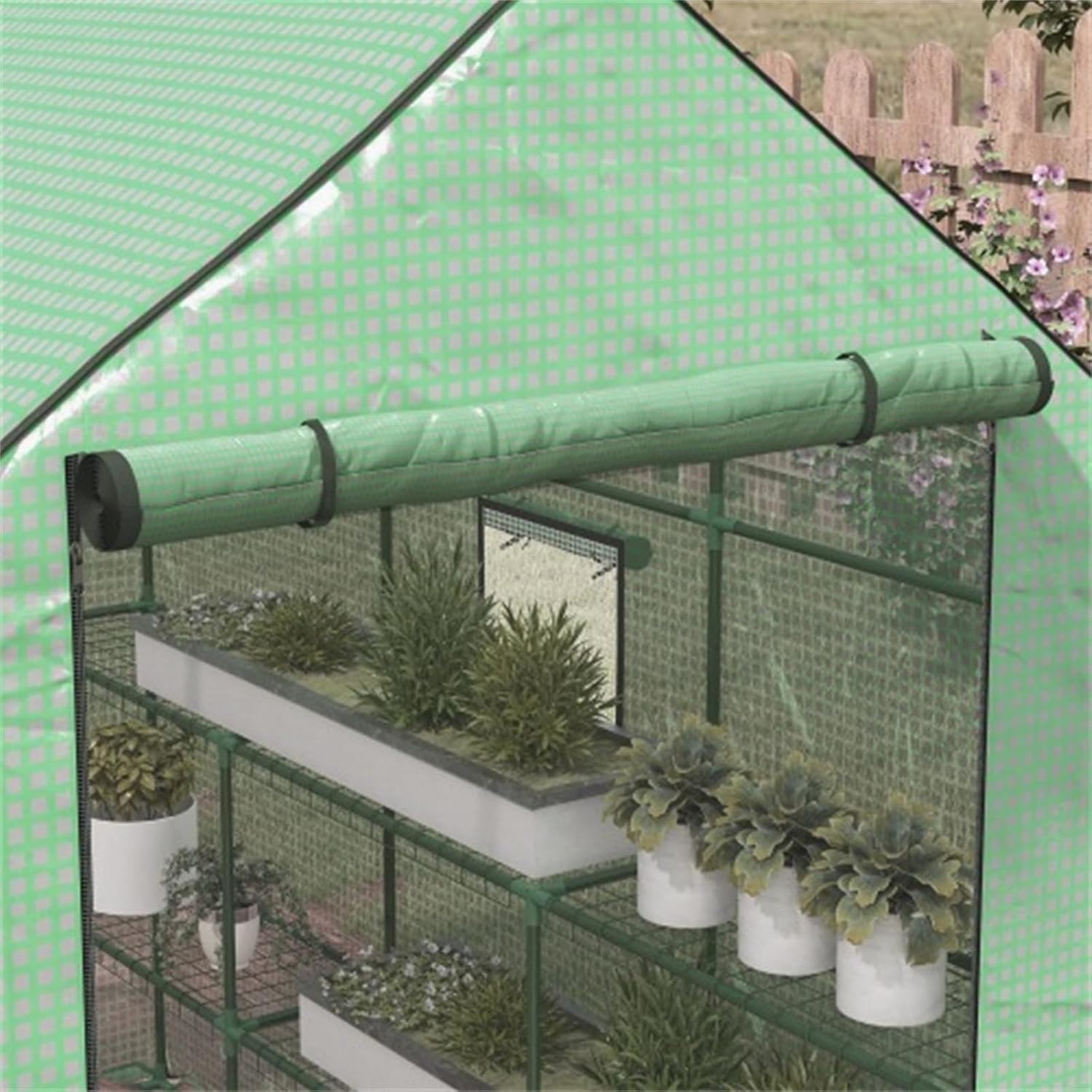 4.6' x 4.7' Portable Greenhouse, Walk-in Small Outdoor Greenhouse with 2-Tier U-Shaped Planter, Roll-Up Door and Window, Green