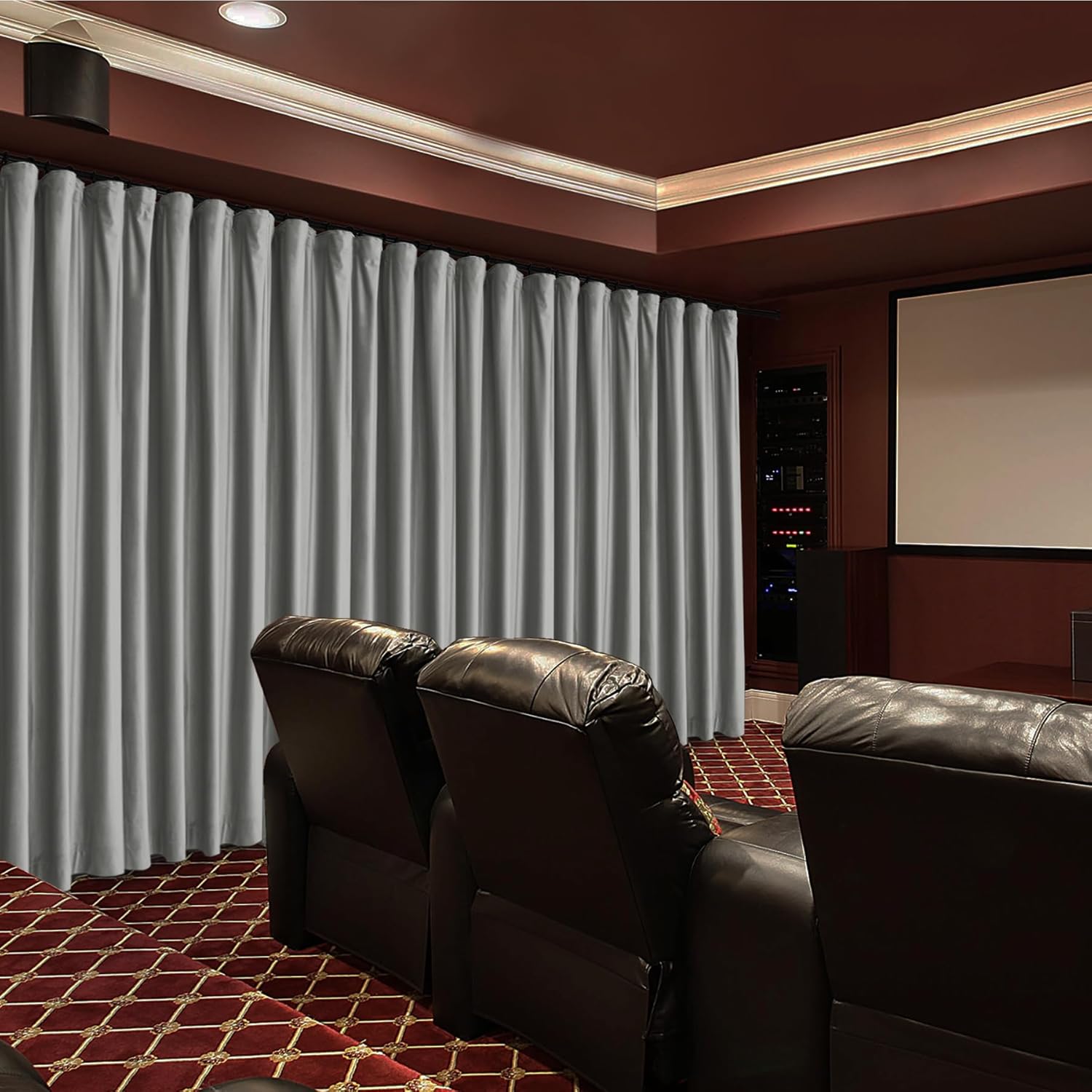 Fcosie Home Theater Curtains Flat Hooks, Extra Wide Velvet Drapes, Blackout Room Darkening Thermal Insulated Drapery for Home Moive Theater Room, 1 PC, 180W x96 L, Rock Grey, 130gsm White Liner