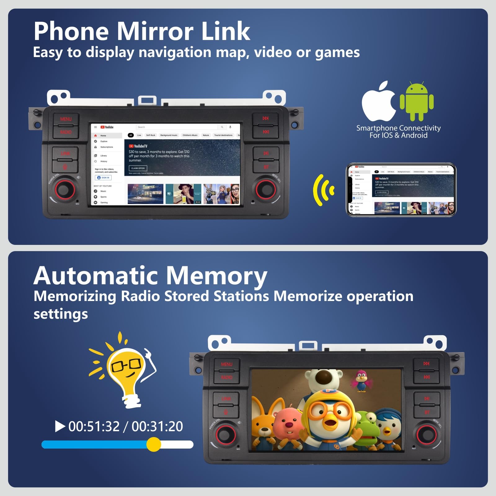 Autoradio pour BMW E46 Compatible avec sans Fil Carplay Android Auto avec 7 Pouces IPS Écran Tactile Bluetooth/FM/AM/Mirror Link/USB/EQ