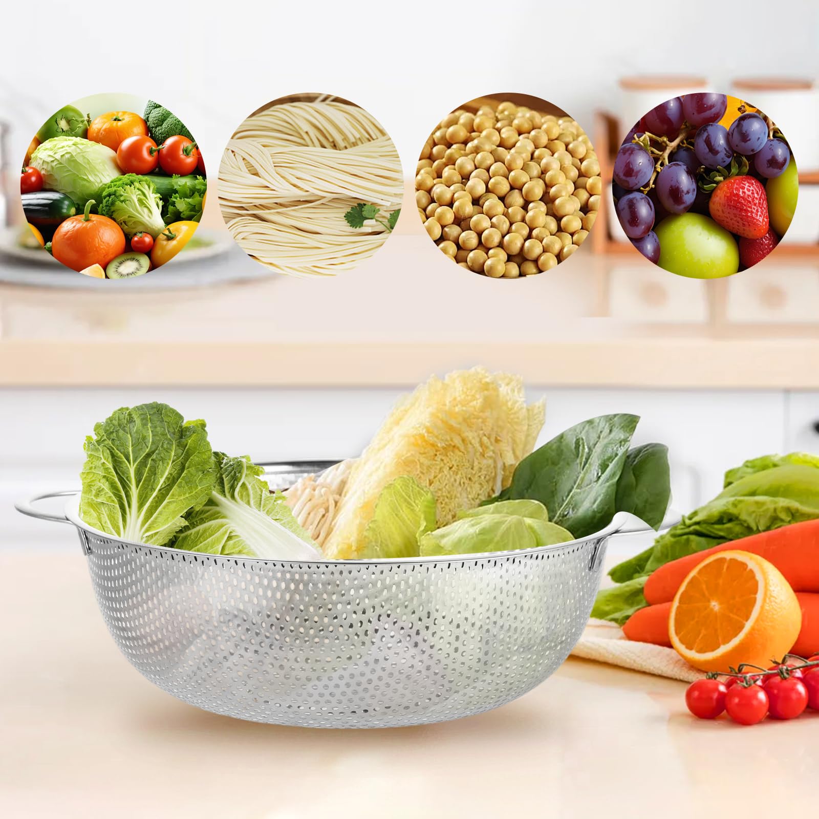 Scolapasta In Acciaio Inox Perforato - Con Manici Legno, Diametro 24,5cm - Foto 3