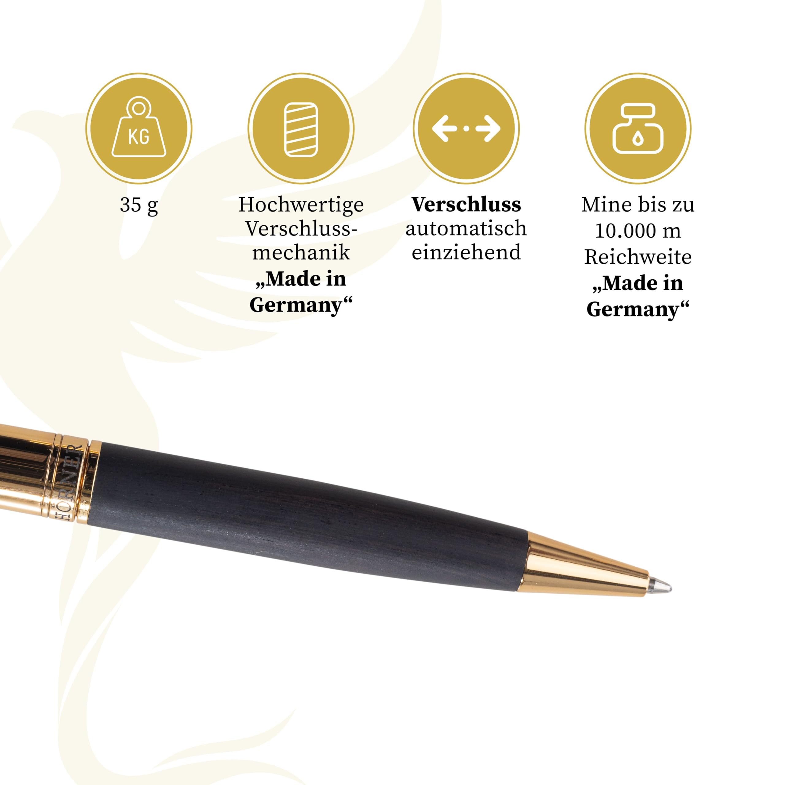 Hörner Legno Kugelschreiber mit Gravur I Ebenholz-Gold I Premium Design I Edle Geschenk-Box I Schreibfarbe Blau I Strichstärke M 1 mm I Drehkugelschreiber I Hochwertiger Holzkugelschreiber
