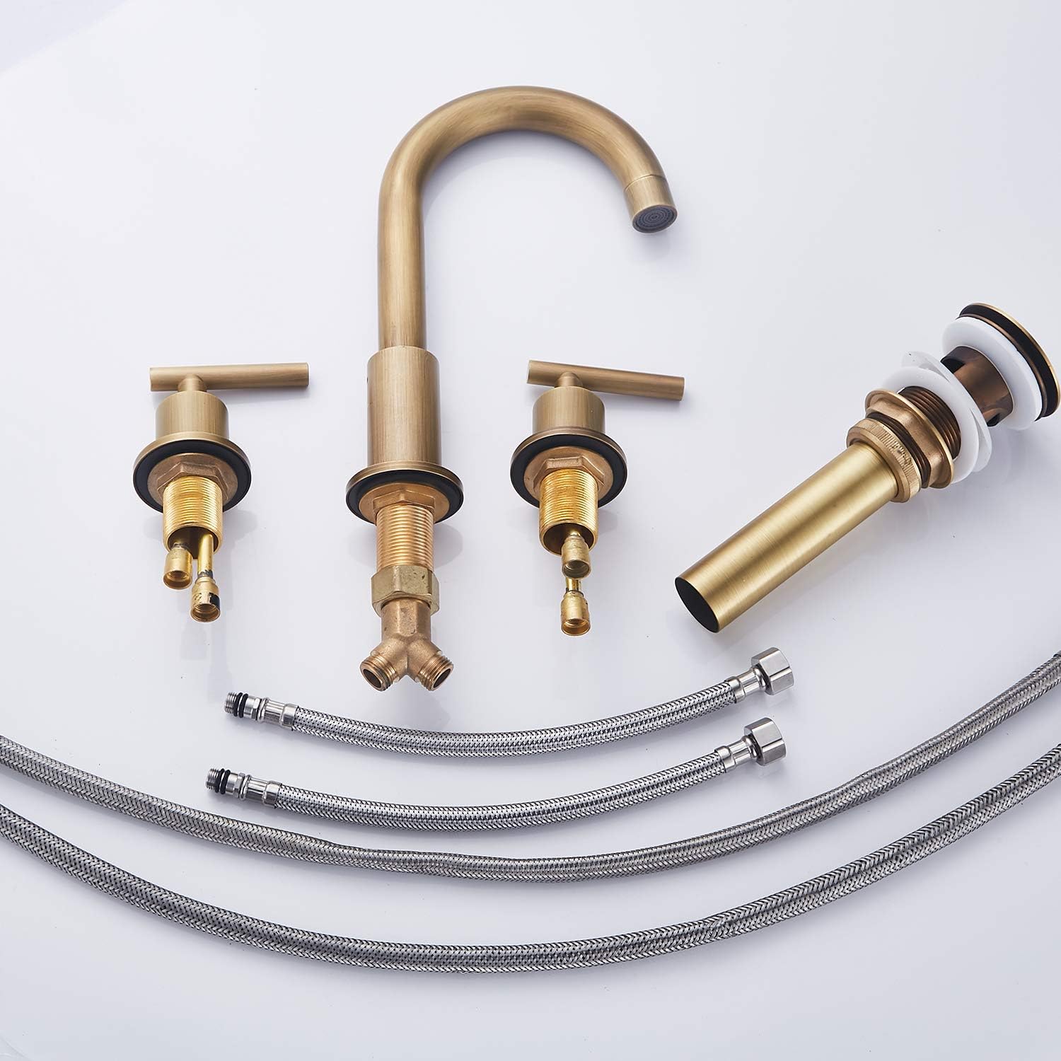 GGStudy 2-Handle Bathroom Faucet 3 Holes 360 Swivel Spout Antique Brass Widespread Bathroom Sink Faucet with Pop Up Drain