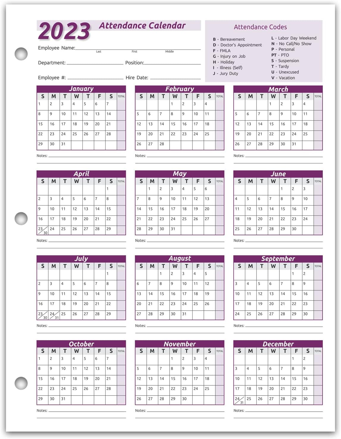 Work Tracker Attendance Calendar Cards- 8 ½ X 11 Cardstock/Pack of 25 Sheets (Purple - 2023)