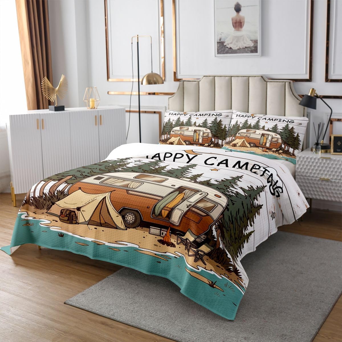 Homewish Vintage RV Quilt Sets Queen Size,Ocean Surfing Bedspread 3Pcs for Kids Teens Youth Room Decor,Camp Tent Bedding Sets Happy Camping Coverlet,2 Pillowcases