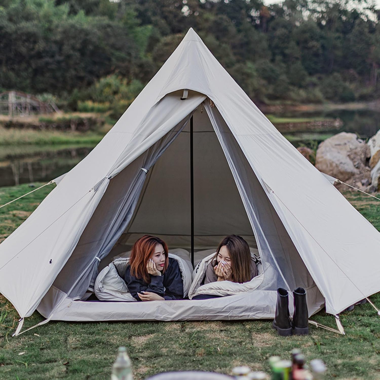 Indian Tent, Easy Setup Waterproof 3-4 Person Camping Tent, 4 Season Double Layers Waterproof Pyramid Tent for Family Camping, Hiking,Picnic