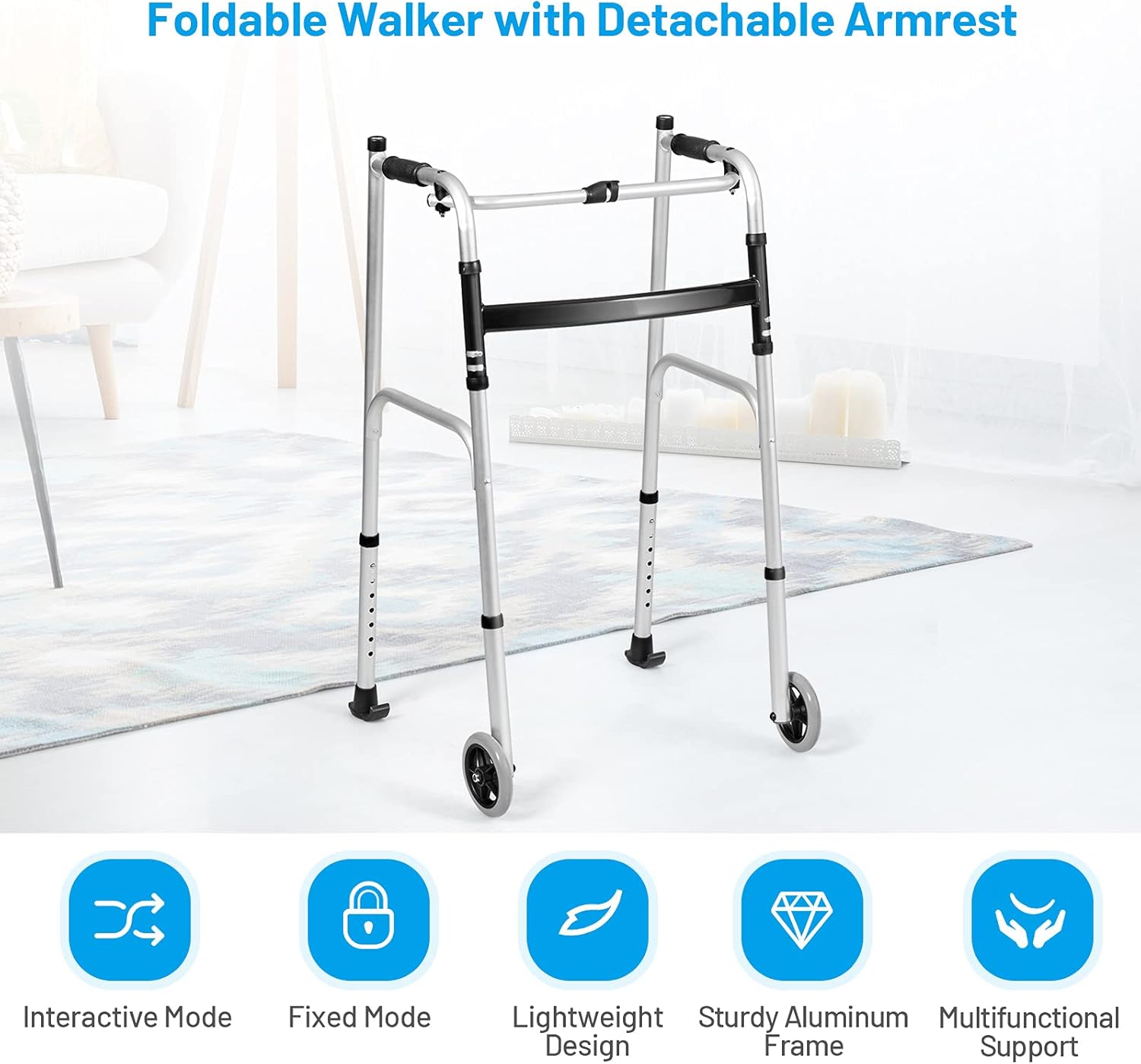 GYMAX Folding Walker, Adjustable Standard Walker with Removable Armrest, Seat, Wheeled Rolling Rehabilitation Auxiliary Walking Aid for Senior, Disabled, Limited Mobility (Silver) : Health & Household