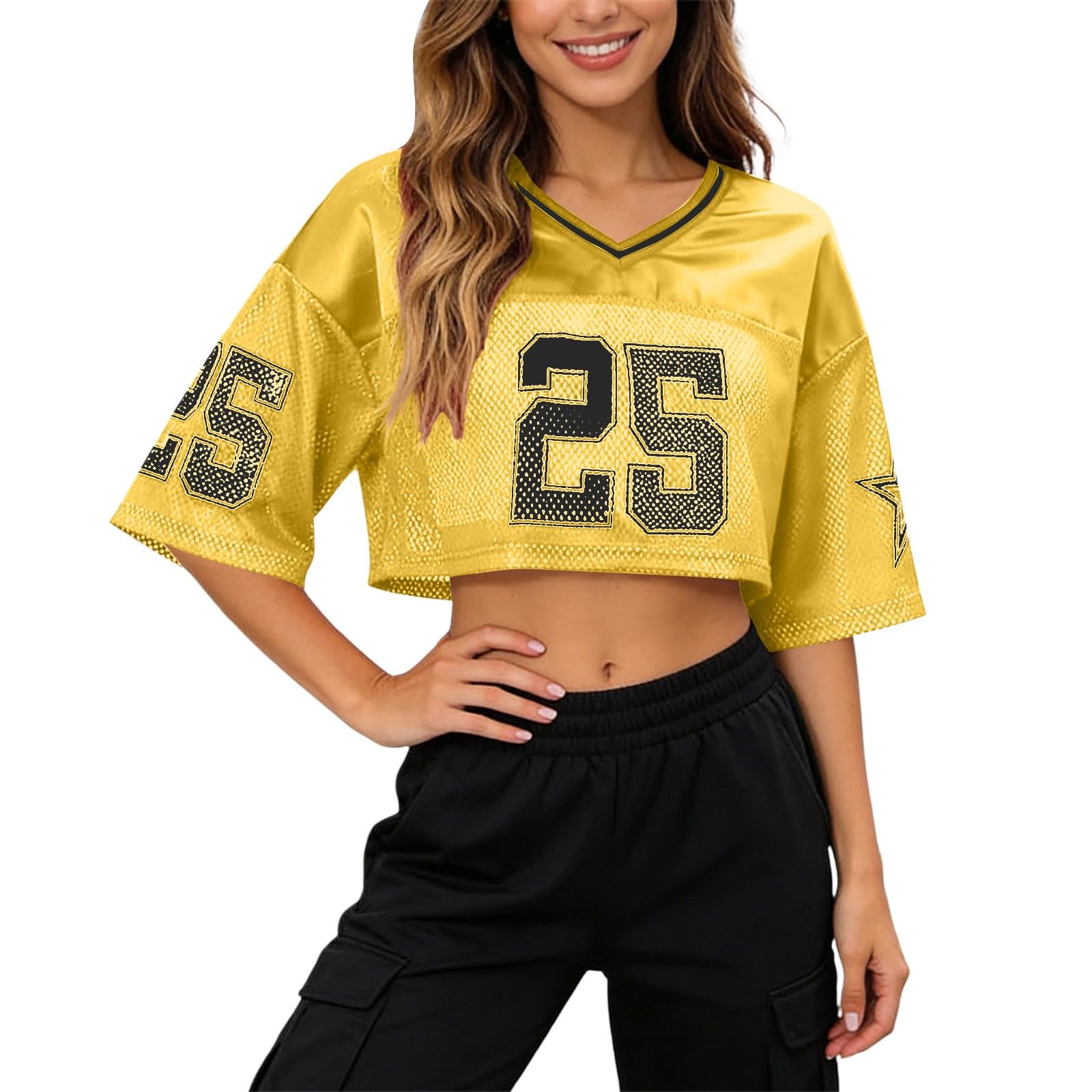 Baseball Shirt Women's Y2K Basketball T-Shirt Short Sleeve V-Neck Number Print Shirt Loose Crop Top Sexy Crop Top Cheerleader Outfit Hip-Hop Style Streetwear, O yellow, S