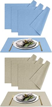 Cloth Placemats Set of 4, Beige and Blue Faux Linen Place Mats for Dining