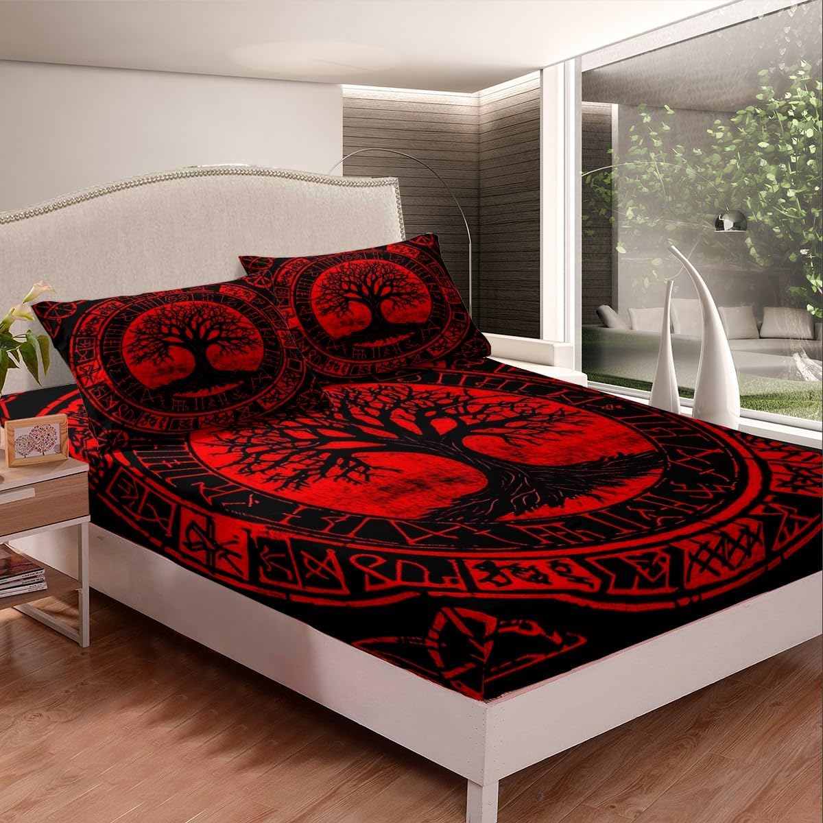 Erosebridal Norse Viking Bedding Set Mysterious Tree of Life Bed Sheets Ancient Viking Fitted Sheet Medieval Nautical Mysterious Rune Bed Cover Twin Size for Adults Men Red and Black Twin image 3 of 5 B0F2J17Q3F