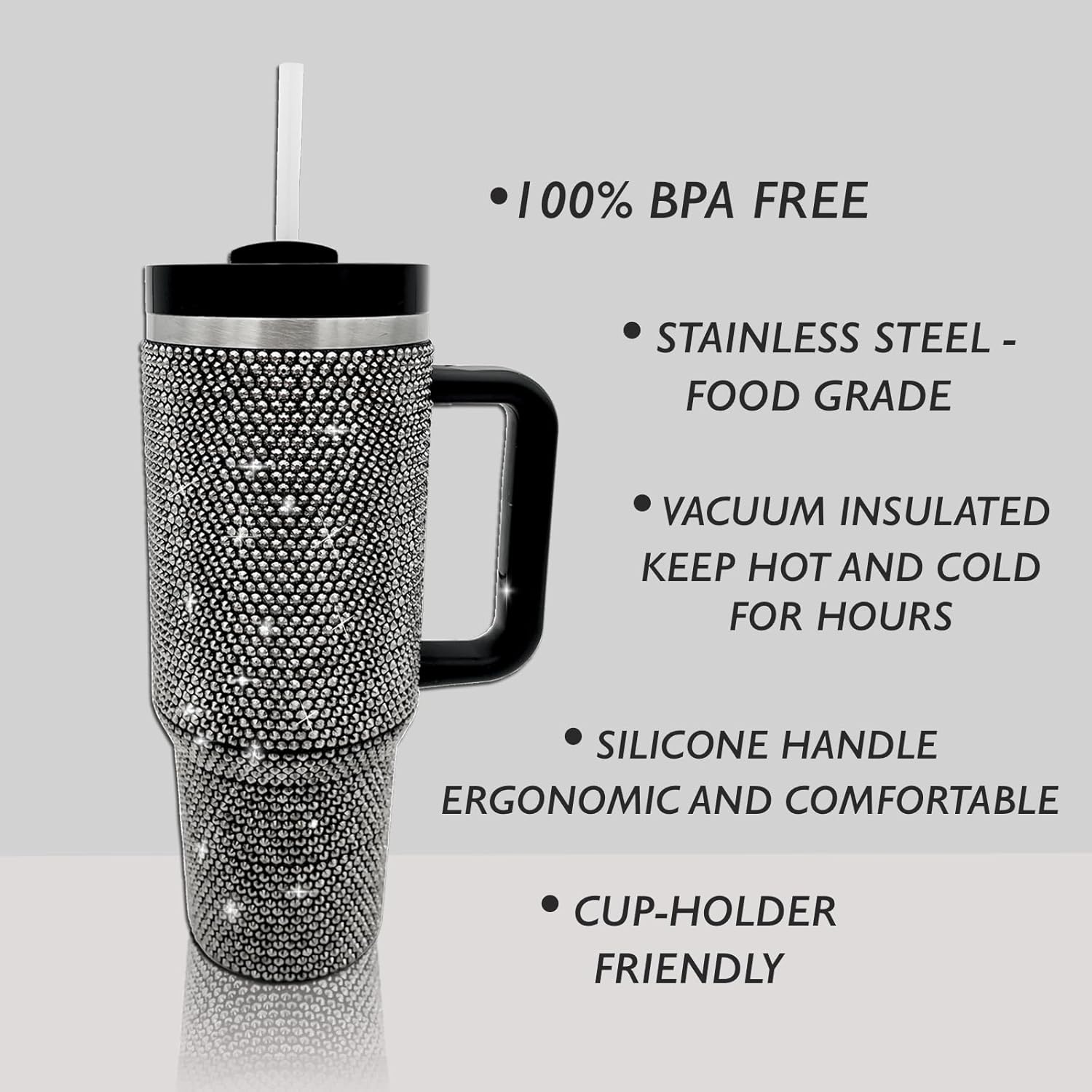 40oz Bling Tumbler with Handle and Straw Lid Rhinestone Studded Tumbler Cups Vacuum Insulated Stainless Steel Double Wall Water Bottle Travel Mug Gifts for Women Her (Black) - Image 3