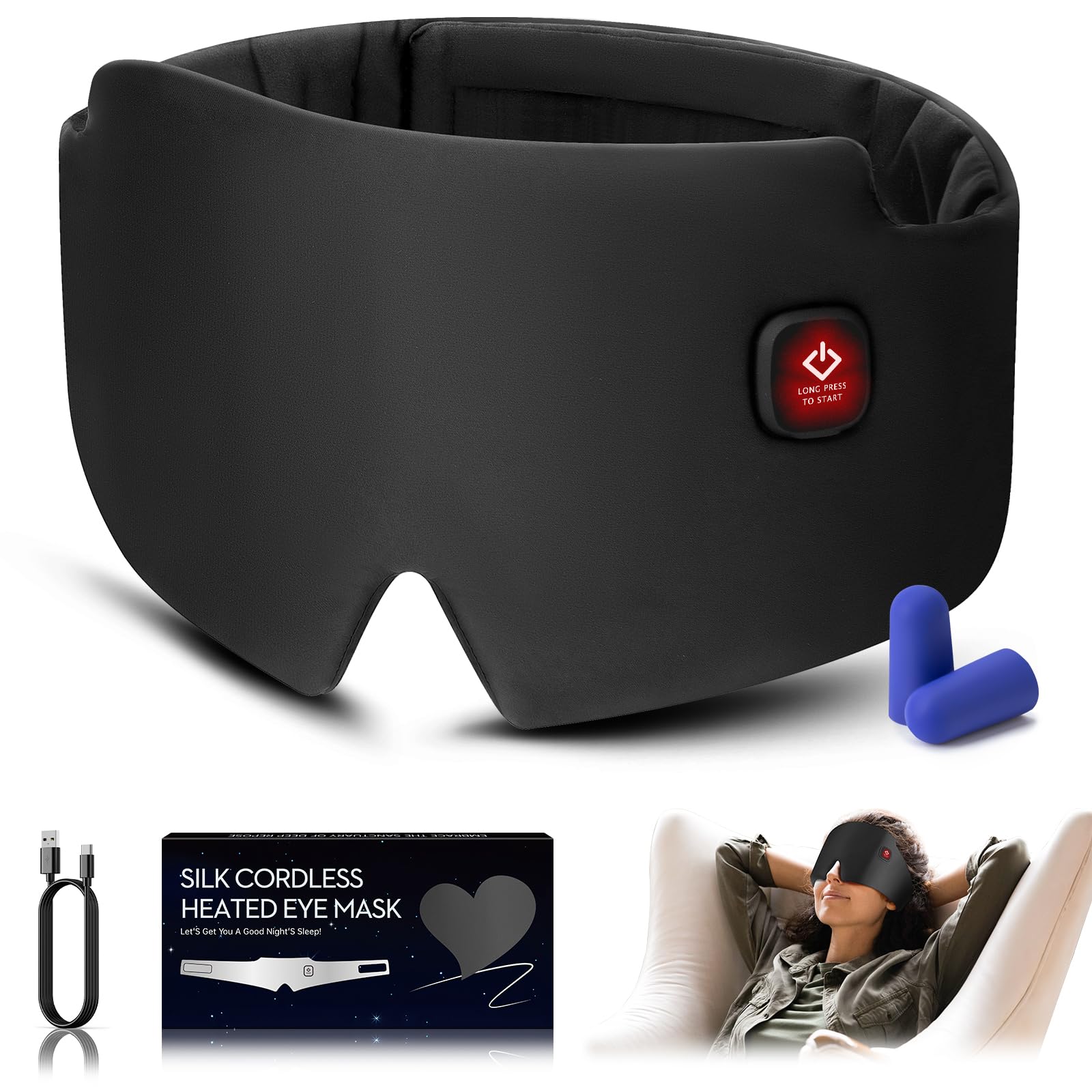 Silk Heated Eye Mask 2000mAh Large Size Cordless Sleep Mask Warm Eye Compresses Electric Eye Heating Pad for