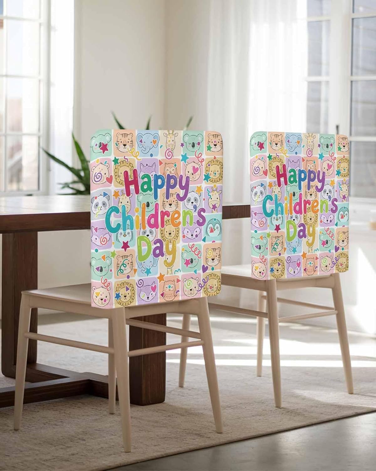 Chair Back Covers for Dining Room, Happy Children's Day Linen Polyester Back Chairs Protector, Cartoon Curtain Animals 4 Pcs Chair Covers for Dining Chairs Decor, 20 x 19 Inches