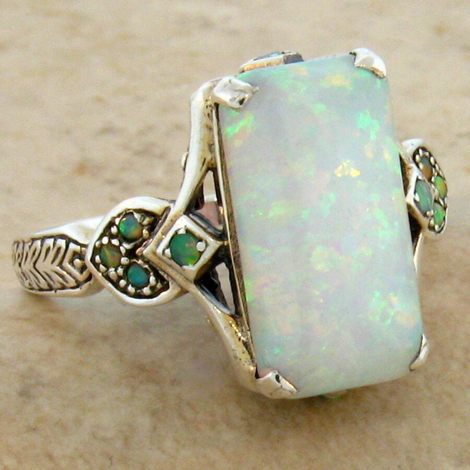 DOOLYDOOLY 2021 New Geometric Square Opal Stone Ring Jewelry Antique Silver Color Green Beads White Stone Finger Rings