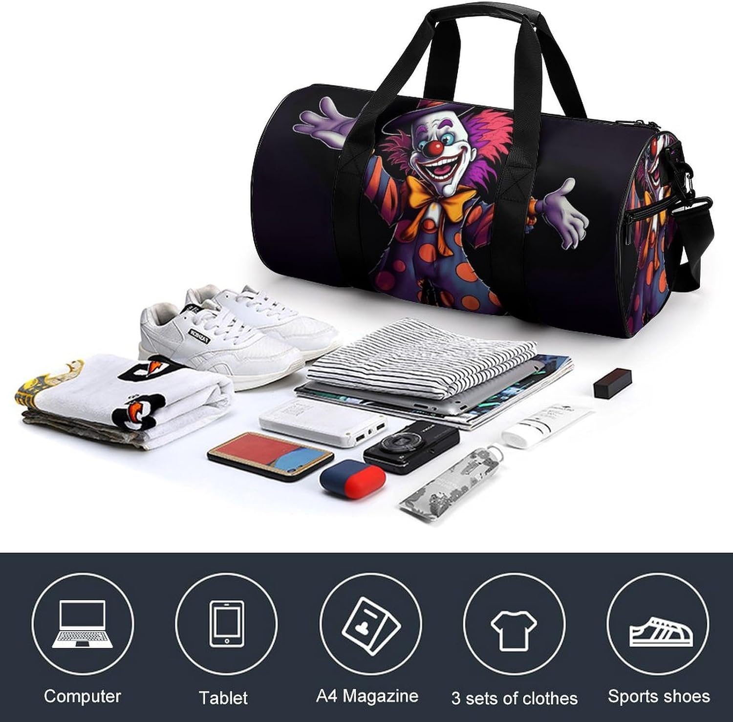 Gym Bags Small Cute Cartoon Clown Duffel Bag Overnight Bag with Shoe Compartment Carryon Bag for Men Women