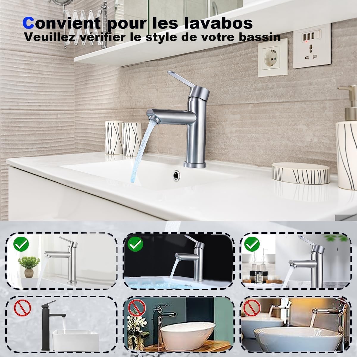 Robinets de lavabo et salle de bain chauds et froids en acier inoxydable, avec économie d'eau silencieuse et sans égouttement pour salle de bain, lavabo, petits robinets de cuisine (brossé)