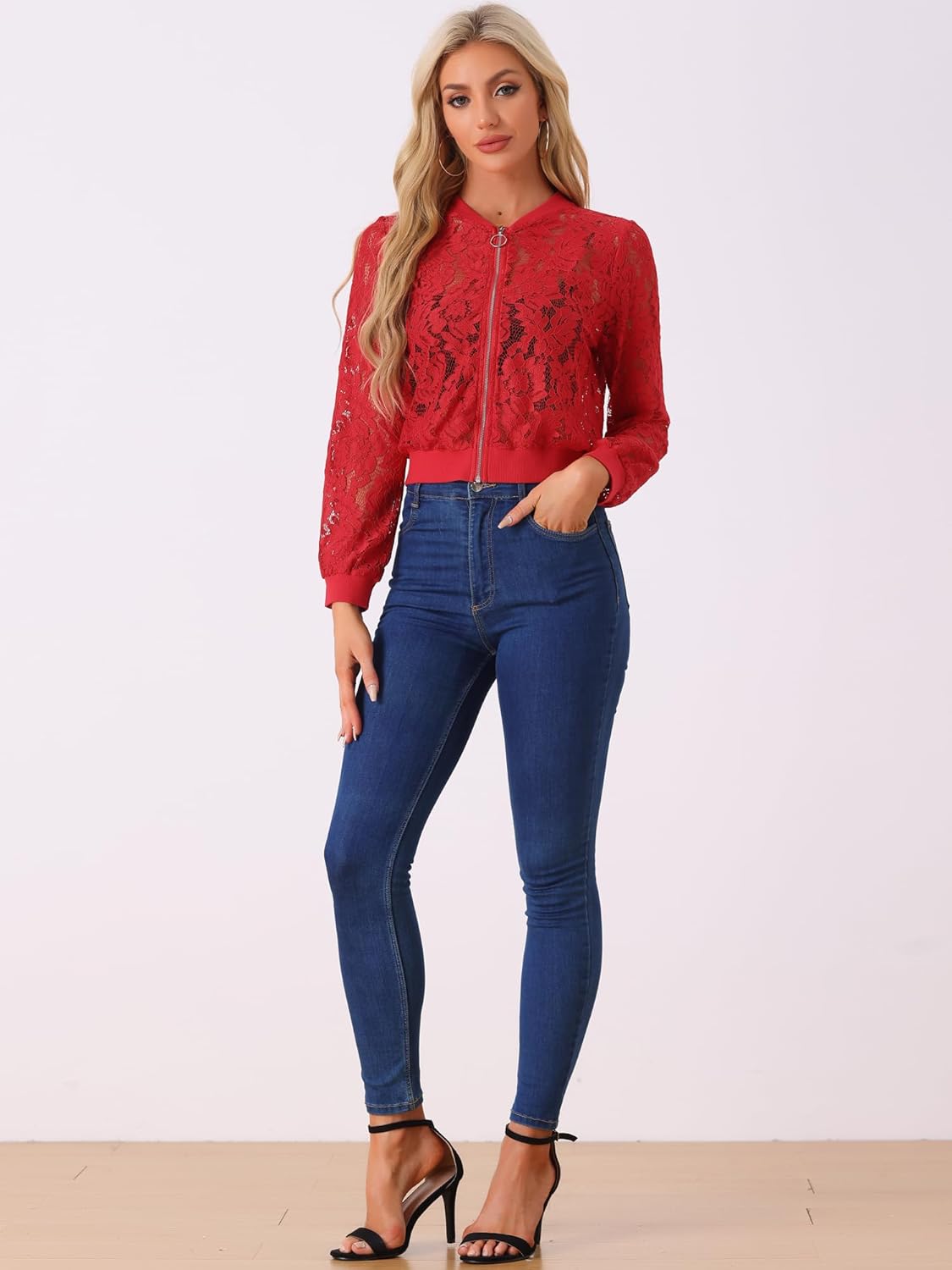 Allegra K Lace Jackets for Women's Stand Collar Zip Up Lightweight Gothic Sheer Baseball Jacket - Image 3