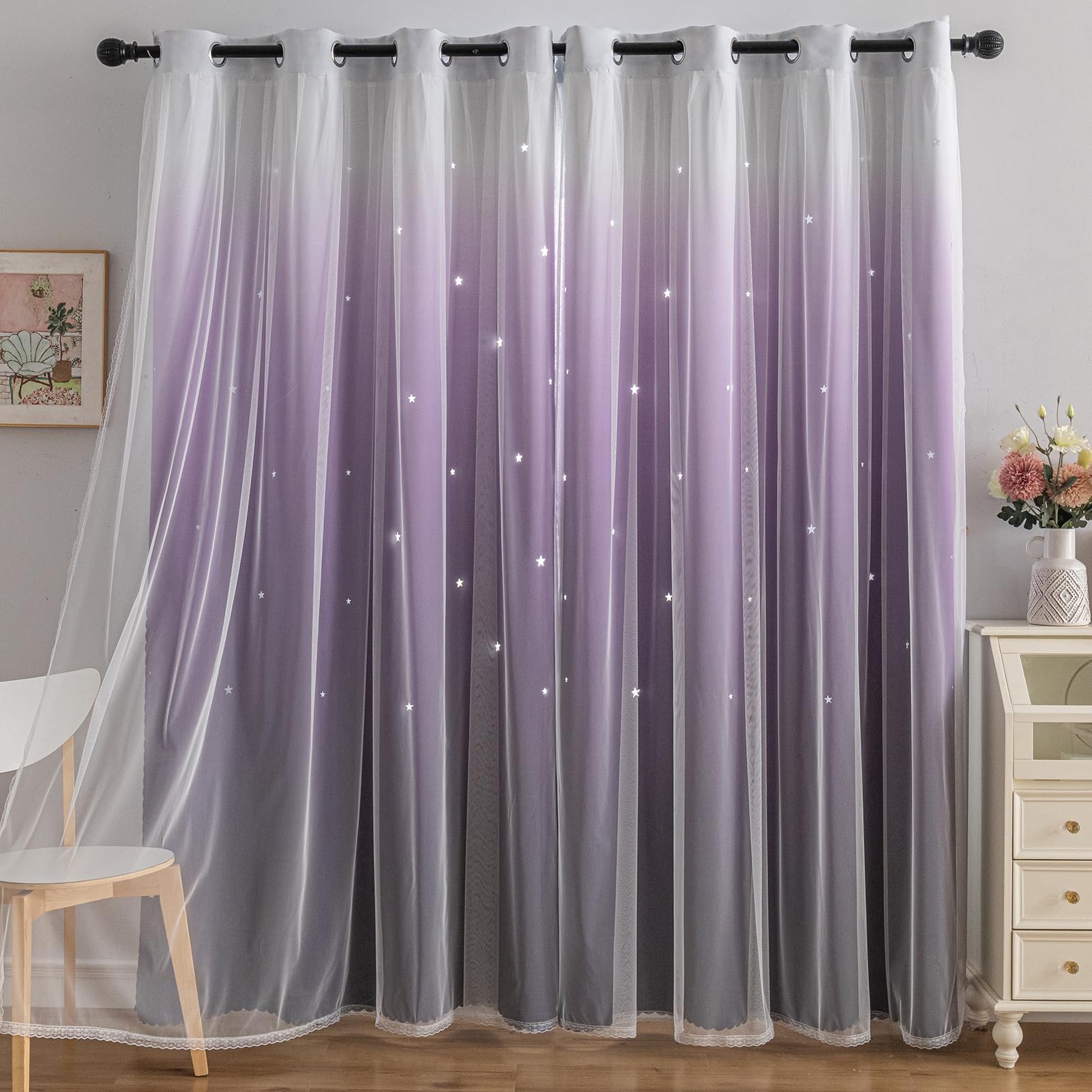 indistar Verdunklungsvorhänge für Schlafzimmer, 2-lagiges Design aus Stoff und Tüll, hübscher Fenstervorhang für Kinderzimmer, 1 Paneel (B132 x L213 cm Dunkelviolett)