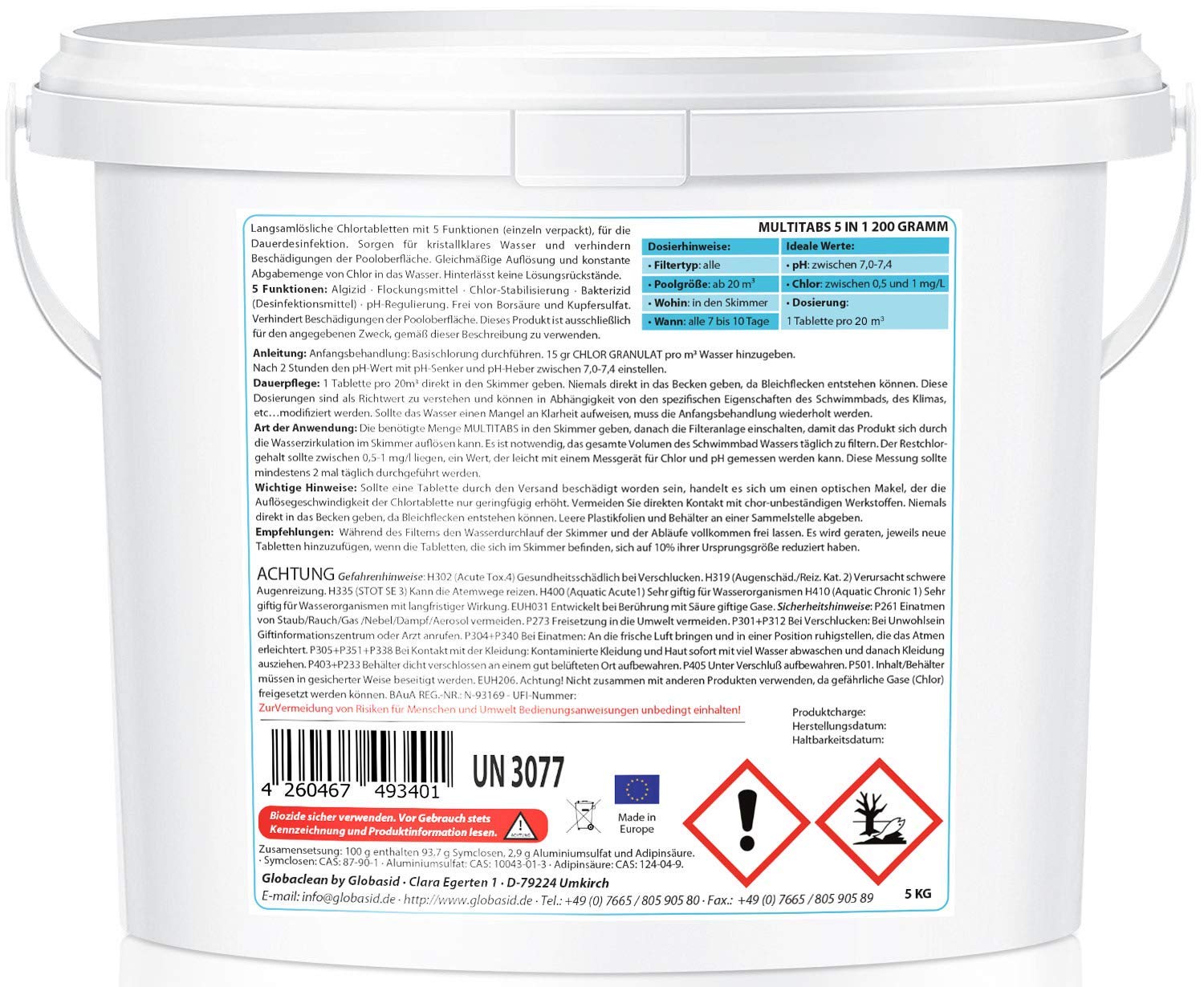 Multitabs für Pool 5 in 1 – 5kg (25 Tabs) – Chlortabletten für Pool 200g – Profi-Qualität Borsäurefrei – Made in Europe - Für kristallklares Poolwasser