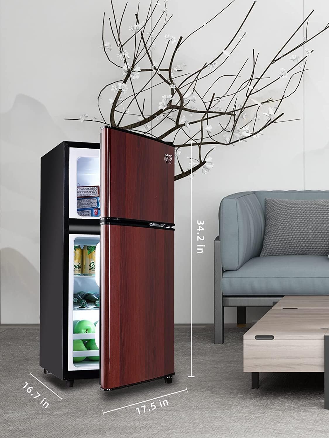 Refrigerator with Freezer 3.5 Cu.Ft with 7 Level Adjustable Thermostat Control 2 Door Energy Saving Top-Freezer Compact Refrigerator Wood