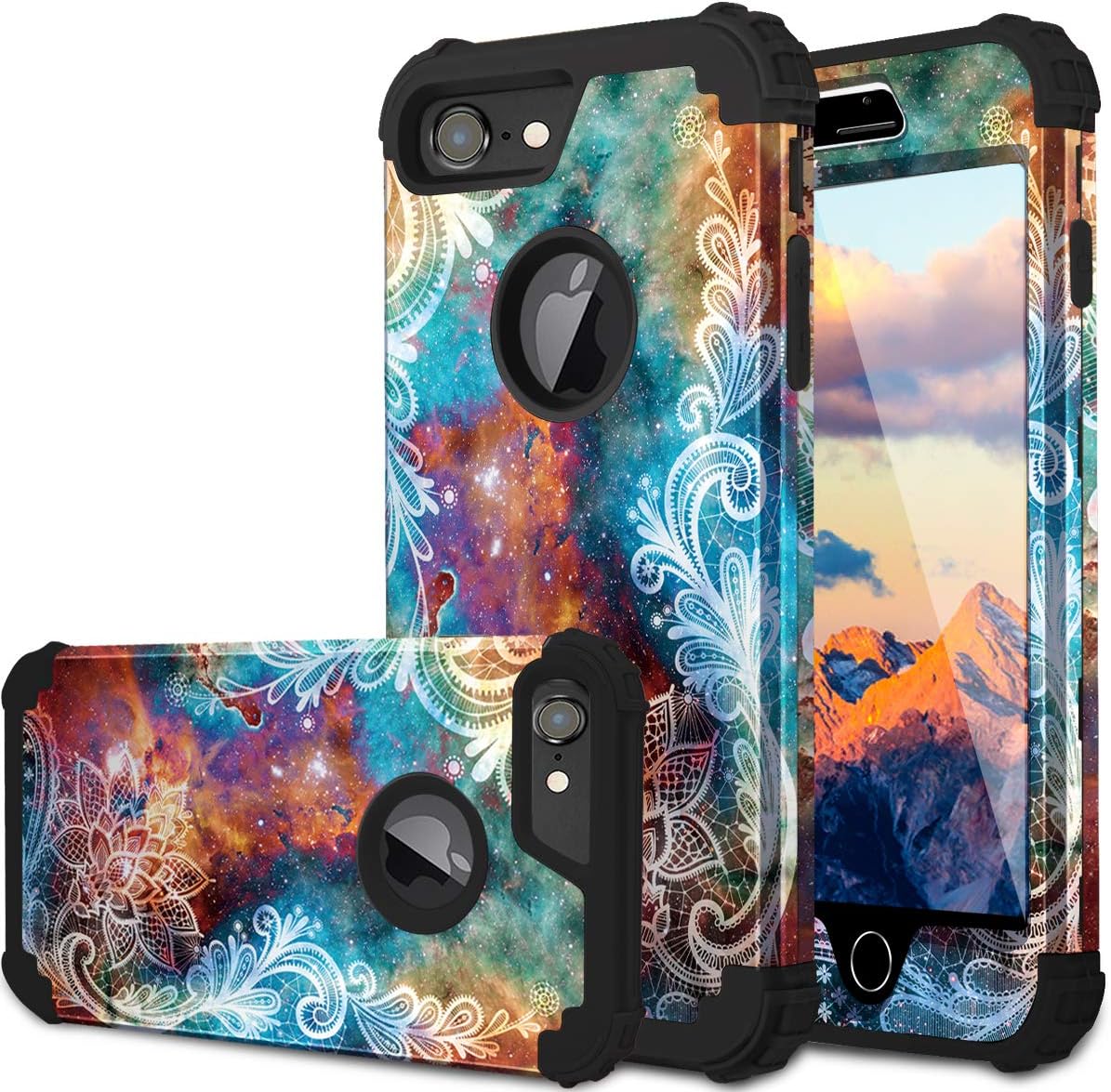 Fingic iPhone 8 Case, iPhone 7 Case, Floral 3 in 1 Heavy Duty Protection Hybrid Hard PC & Soft Silicone Rugged Bumper Anti Slip Full-Body Shockproof Protective Cover Case for Apple iPhone 7/8,Mandala