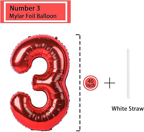 Miniatura 2 de Globo de 3 números rojo de 40 pulgadas, globos de tercer grado de Mylar para niños de 3 años de edad, decoración de fiesta de cumpleaños, boda,