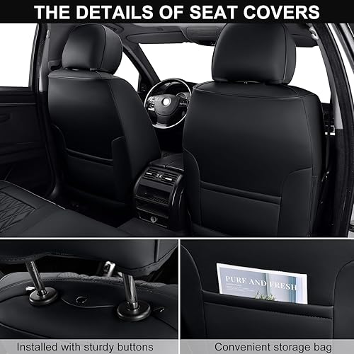 Miniatura 3 de Fundas de asiento de coche color negro, par de fundas de asiento delantero de cuero transpirable con reposacabezas, funda universal de asiento de