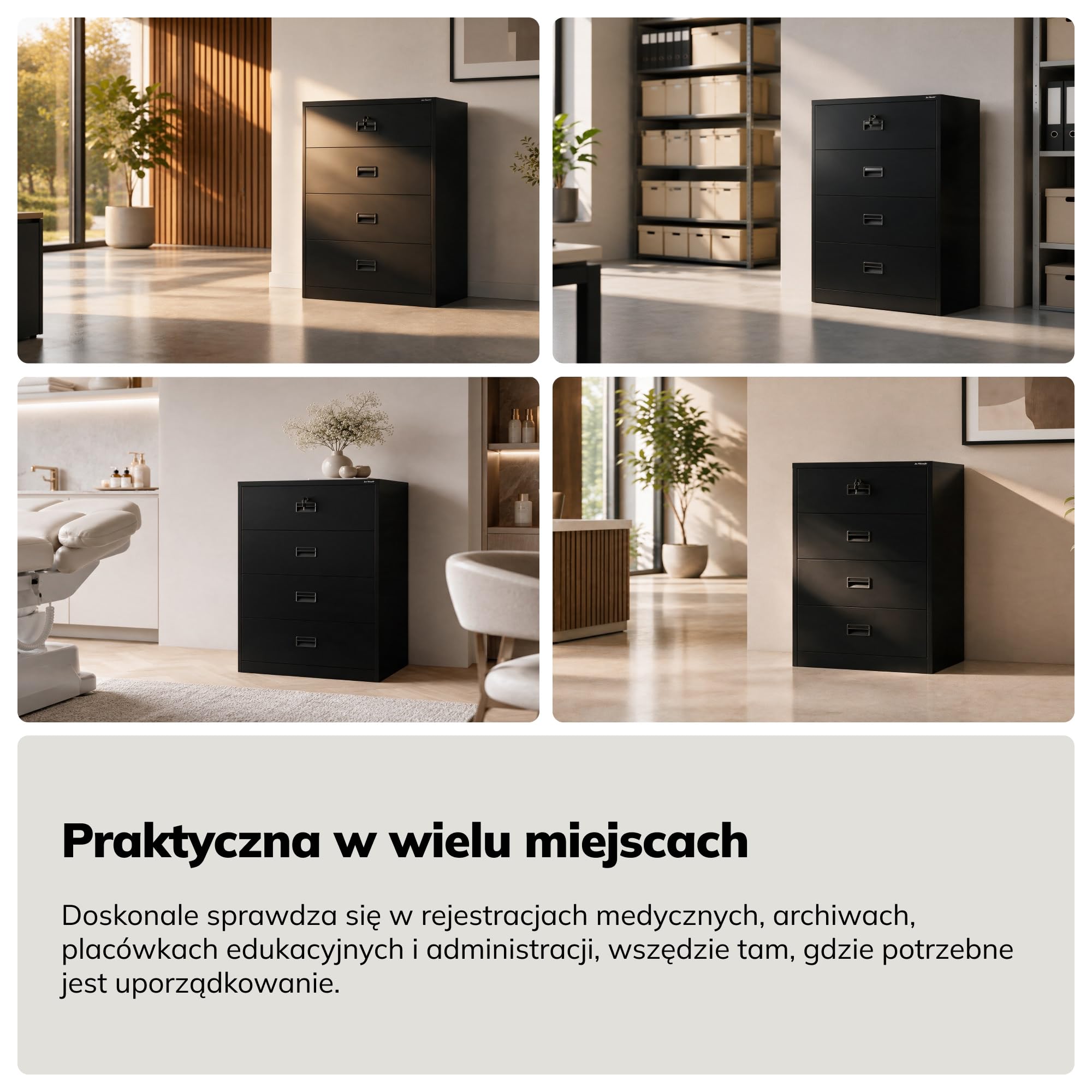 Jan Nowak Szafa Kartotekowa SARA XL V4, 132 x 90 x 60 cm, Czarna, Metalowa, do Archiwizacji Dokumentów, Zamek Centralny, 4 Szuflady